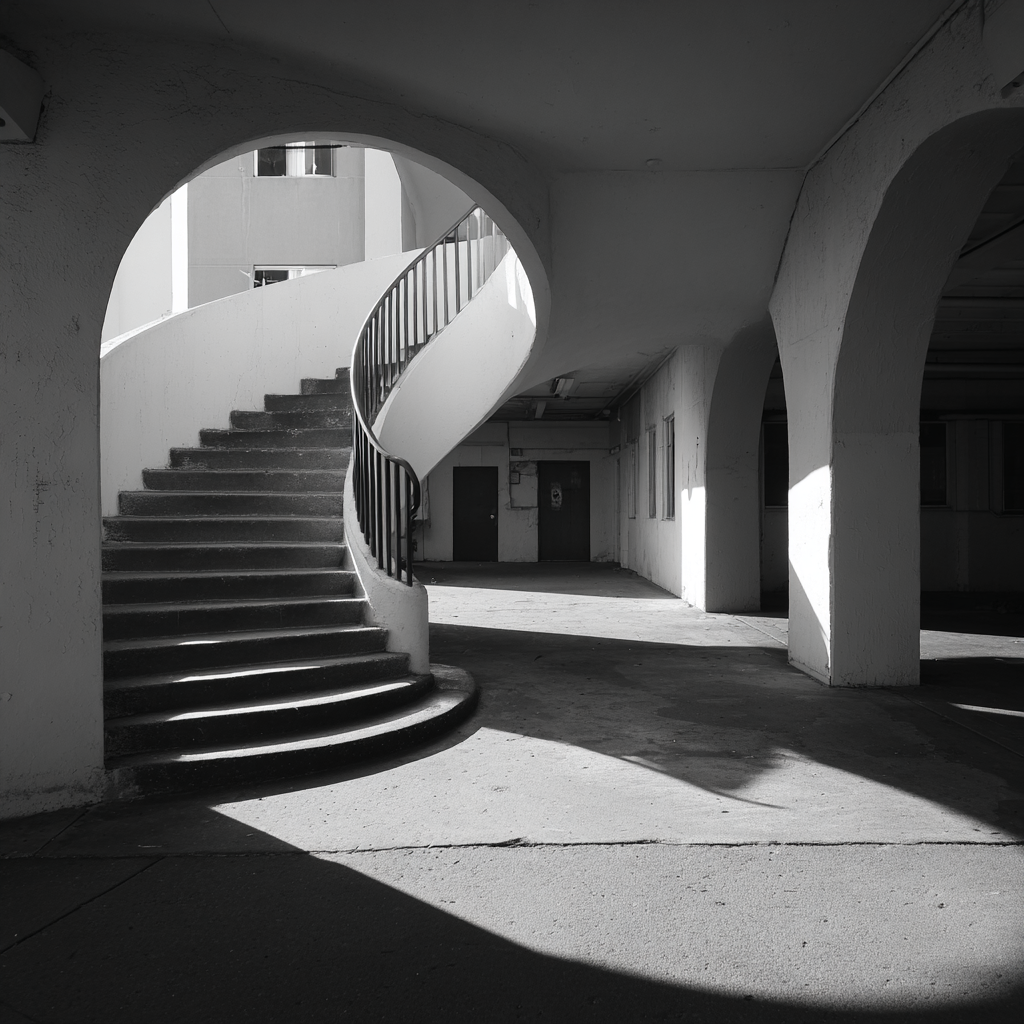 Spiralsta Staircase Gegen Gerundete Bogen Moderne Architektur Minimalistisch | Schwarz Weiss | Farbenwelten