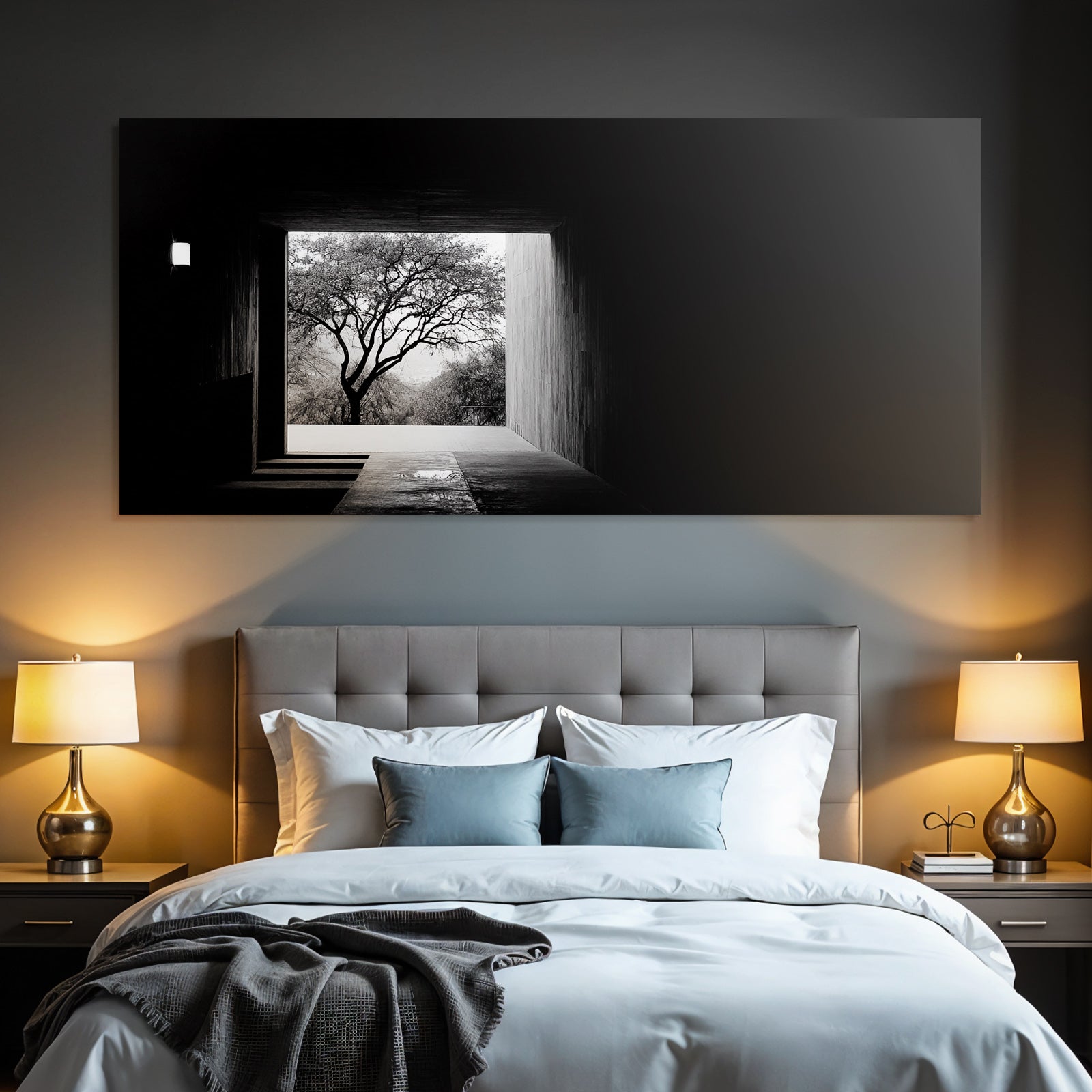 Dunkler Geometrischer Raum Und Outdoor Szene Mit Baum Licht Und Schatten
