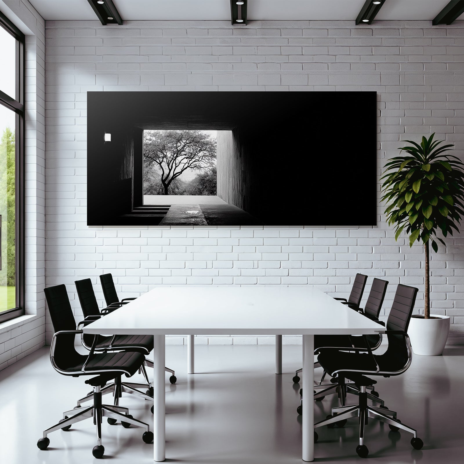 Dunkler Geometrischer Raum Und Outdoor Szene Mit Baum Licht Und Schatten