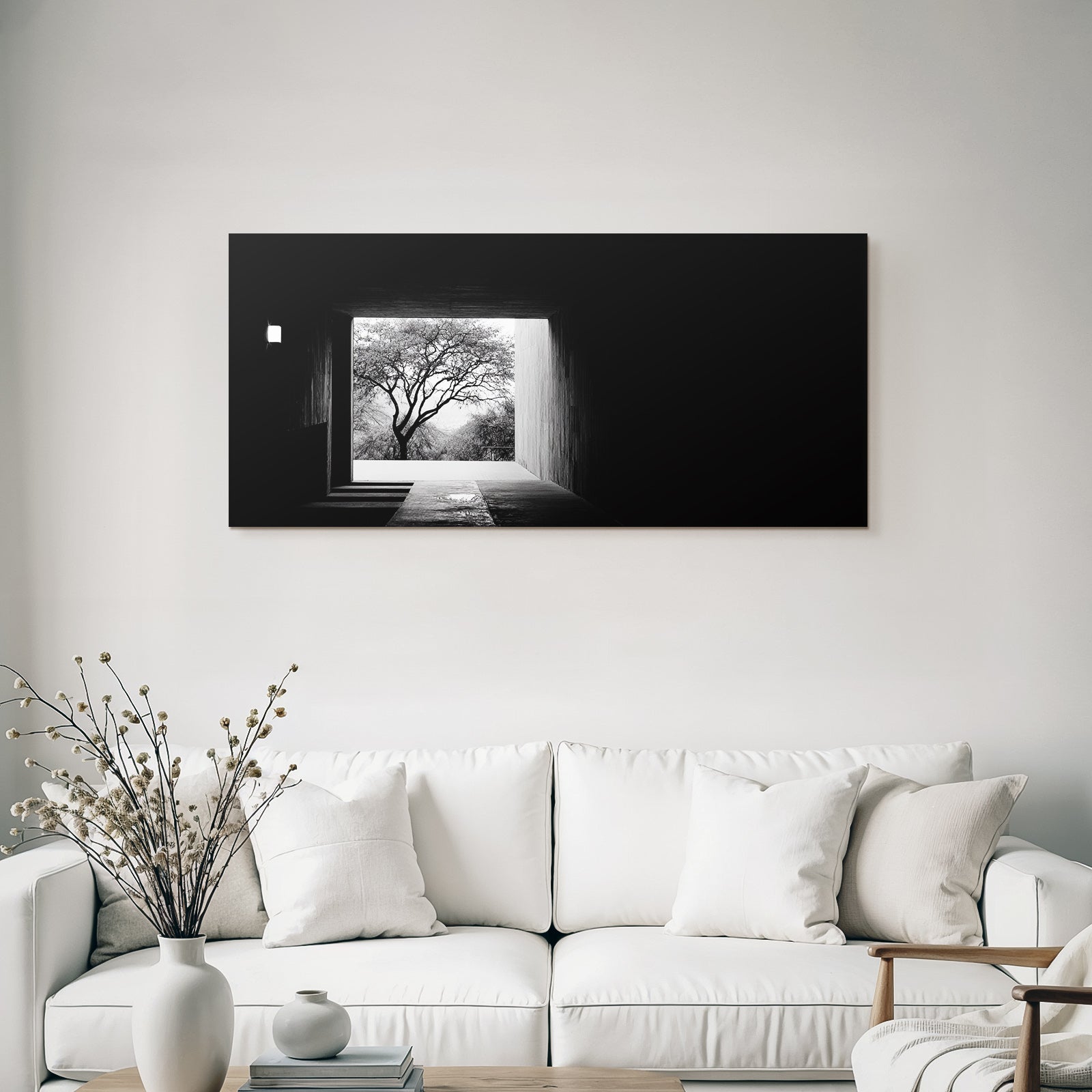 Dunkler Geometrischer Raum Und Outdoor Szene Mit Baum Licht Und Schatten