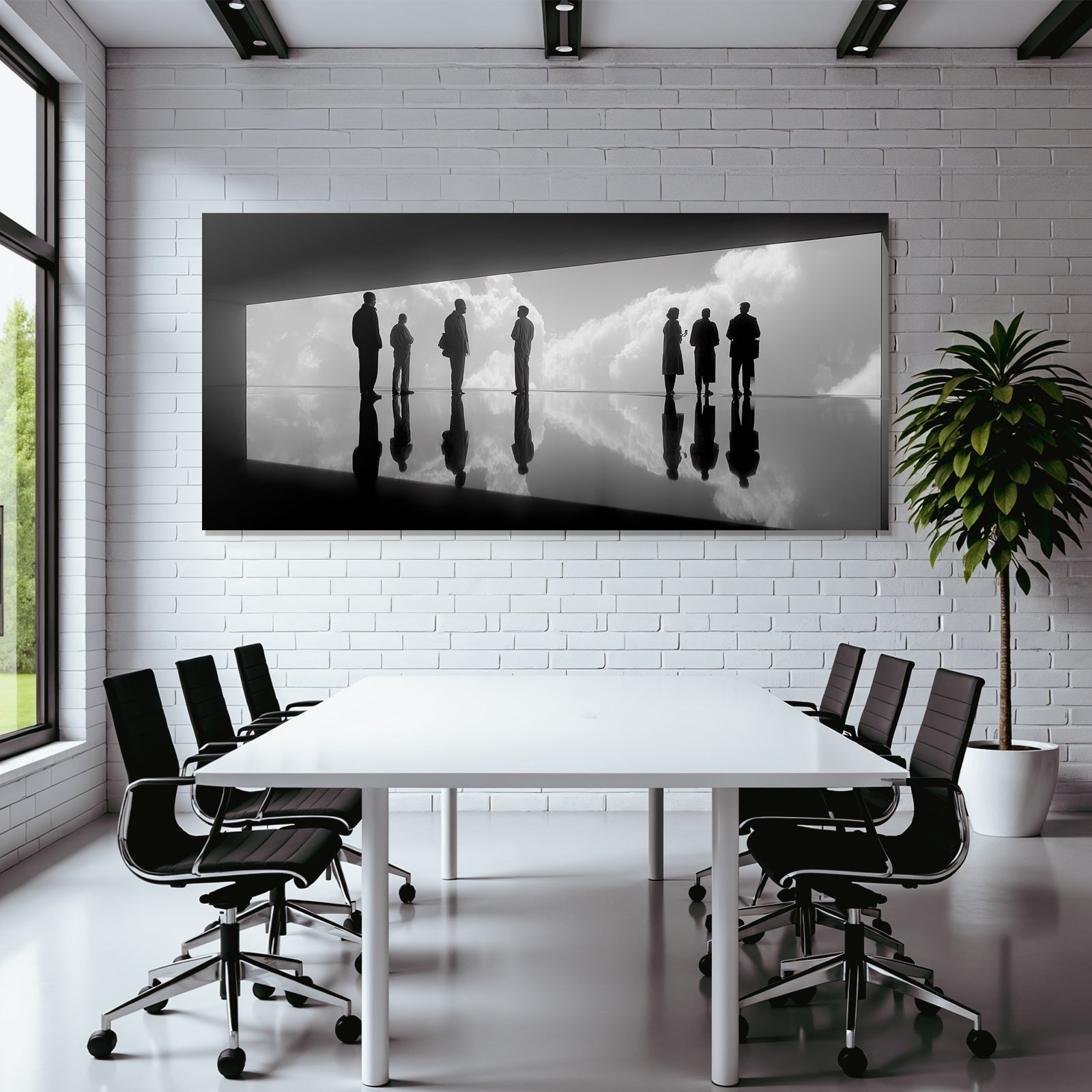 Gruppensilhoütten Im Modernen Raum Blick Durch Fenster Himmel