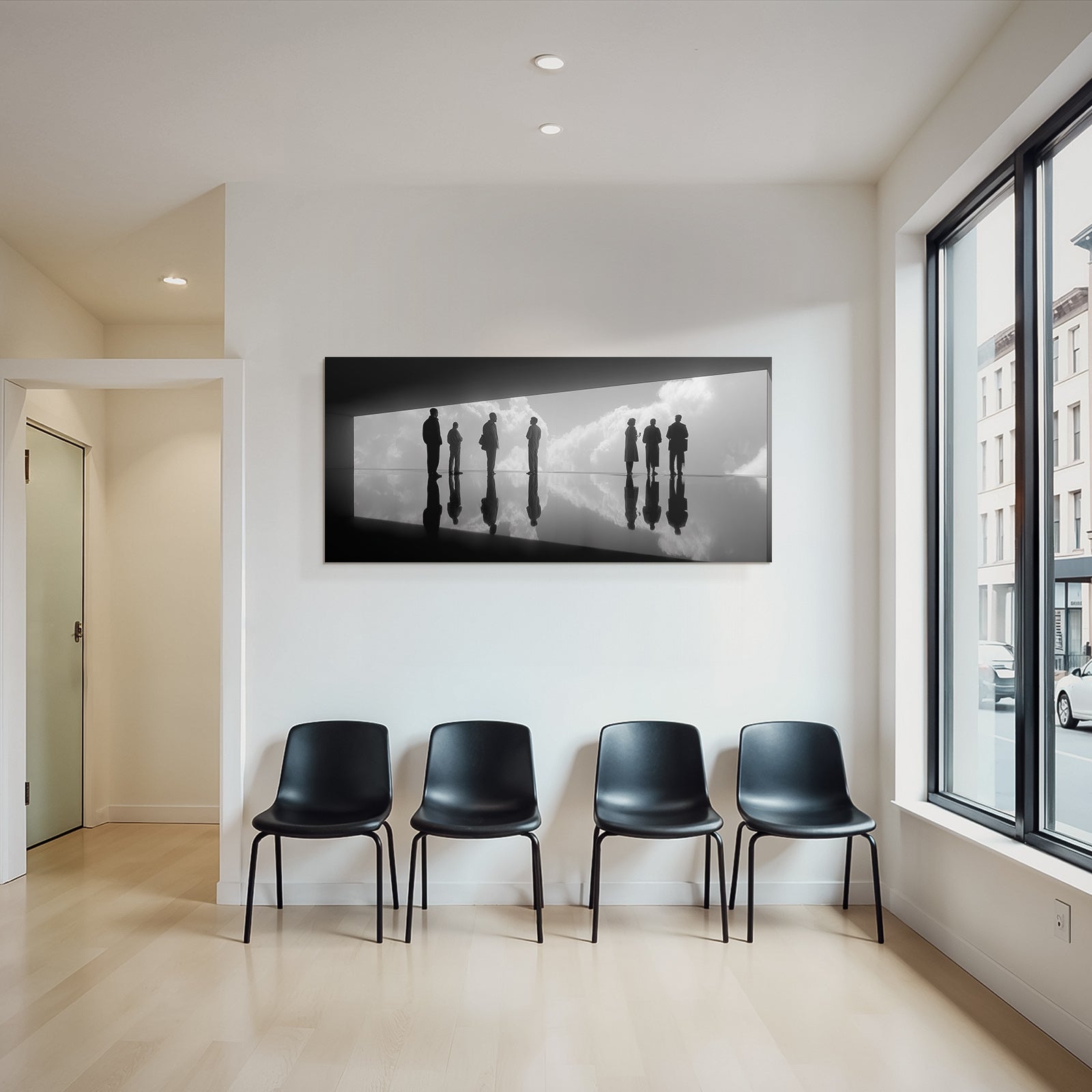 Gruppensilhoütten Im Modernen Raum Blick Durch Fenster Himmel