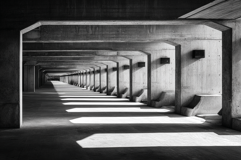 Minimalistische Architektur Korridor Konkrete Säulen Licht Schatten | Schwarz Weiss | Farbenwelten
