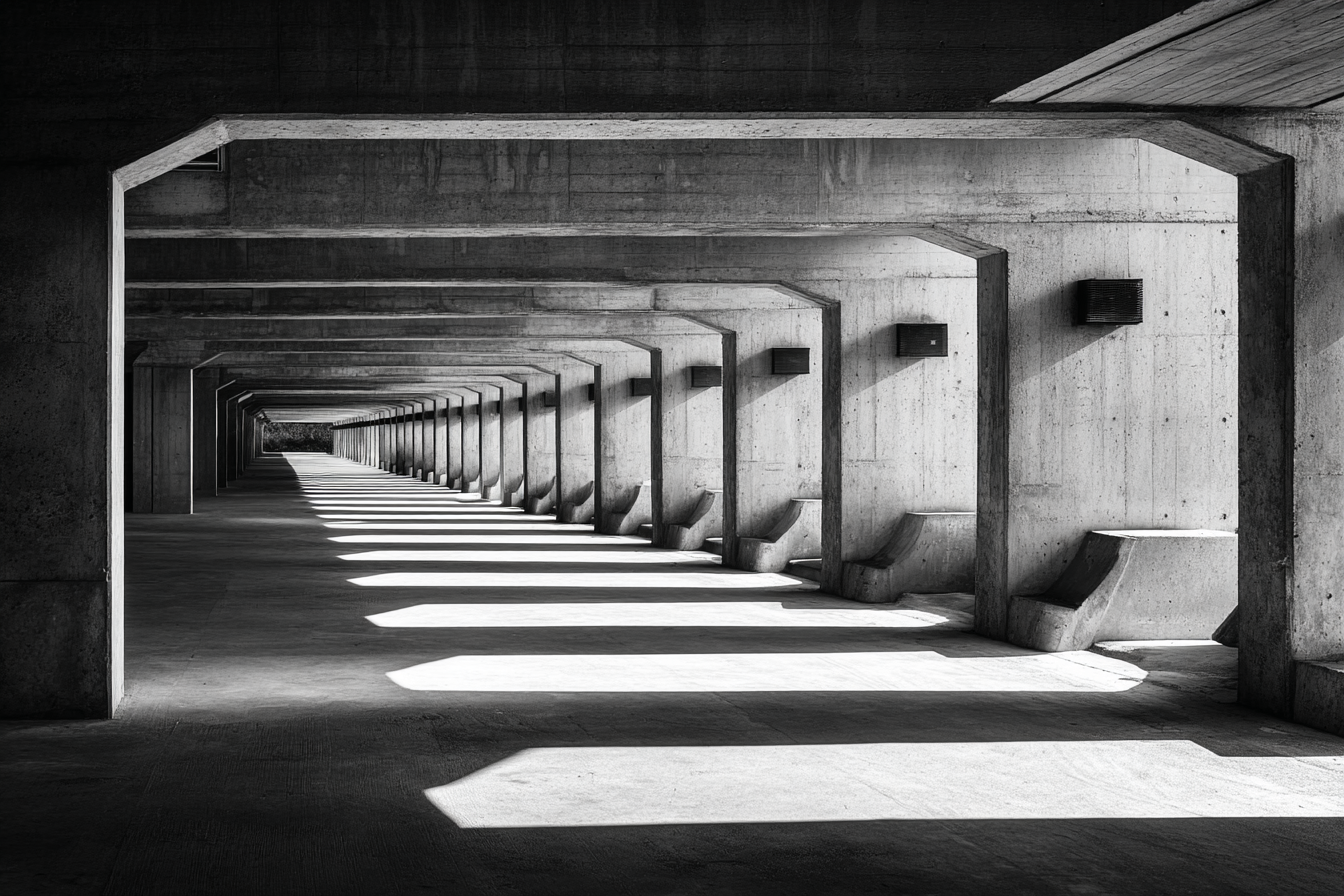 Minimalistische Architektur Korridor Konkrete Säulen Licht Schatten | Schwarz Weiss | Farbenwelten