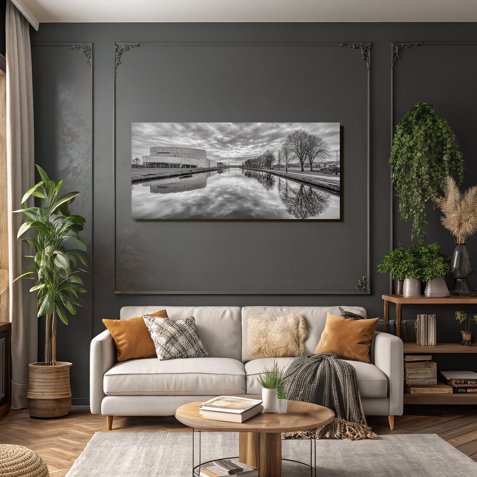 Moderne Architektur Neben Kanel Reflexionen Schwarz Weiss