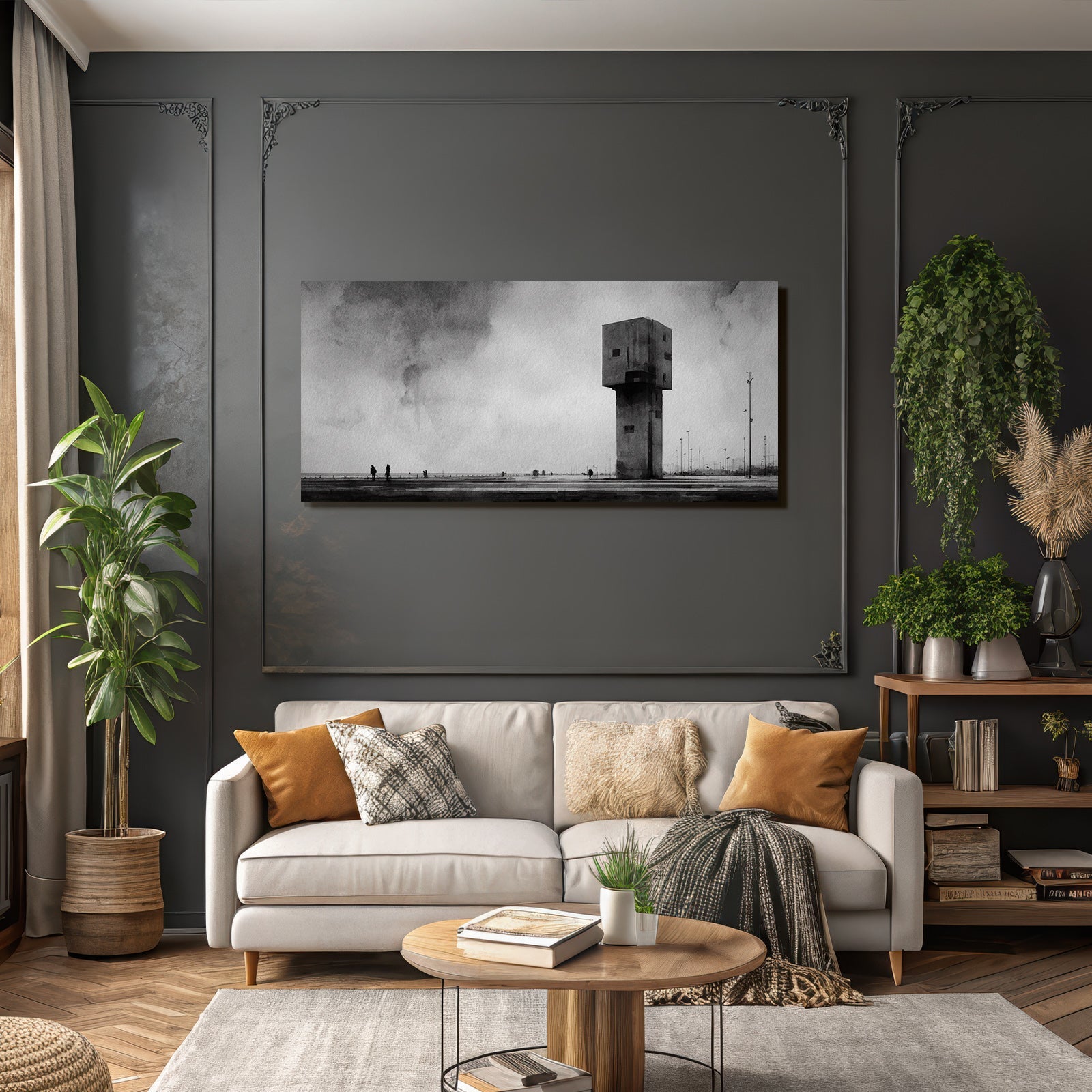 Monochromatische Wasserfarbe Modernes Gebaude Mit Figuren Am Strand