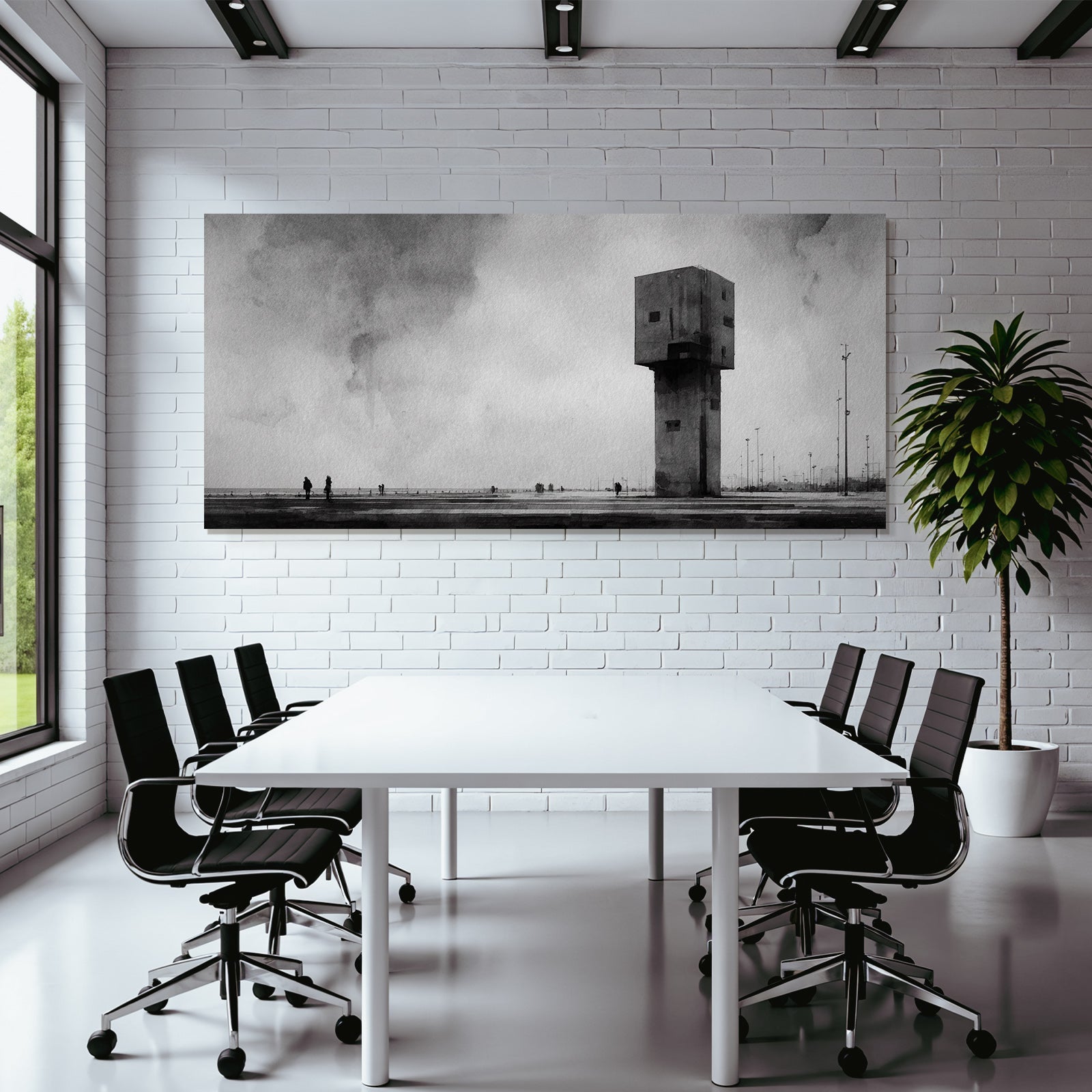 Monochromatische Wasserfarbe Modernes Gebaude Mit Figuren Am Strand