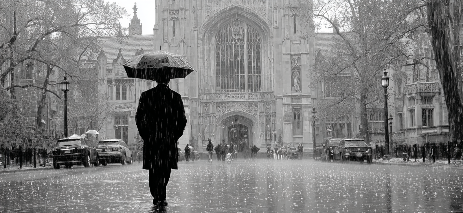 Regnerische Szene Mit Figuren Im Regen Historisches Gebäude | Schwarz Weiss | Farbenwelten