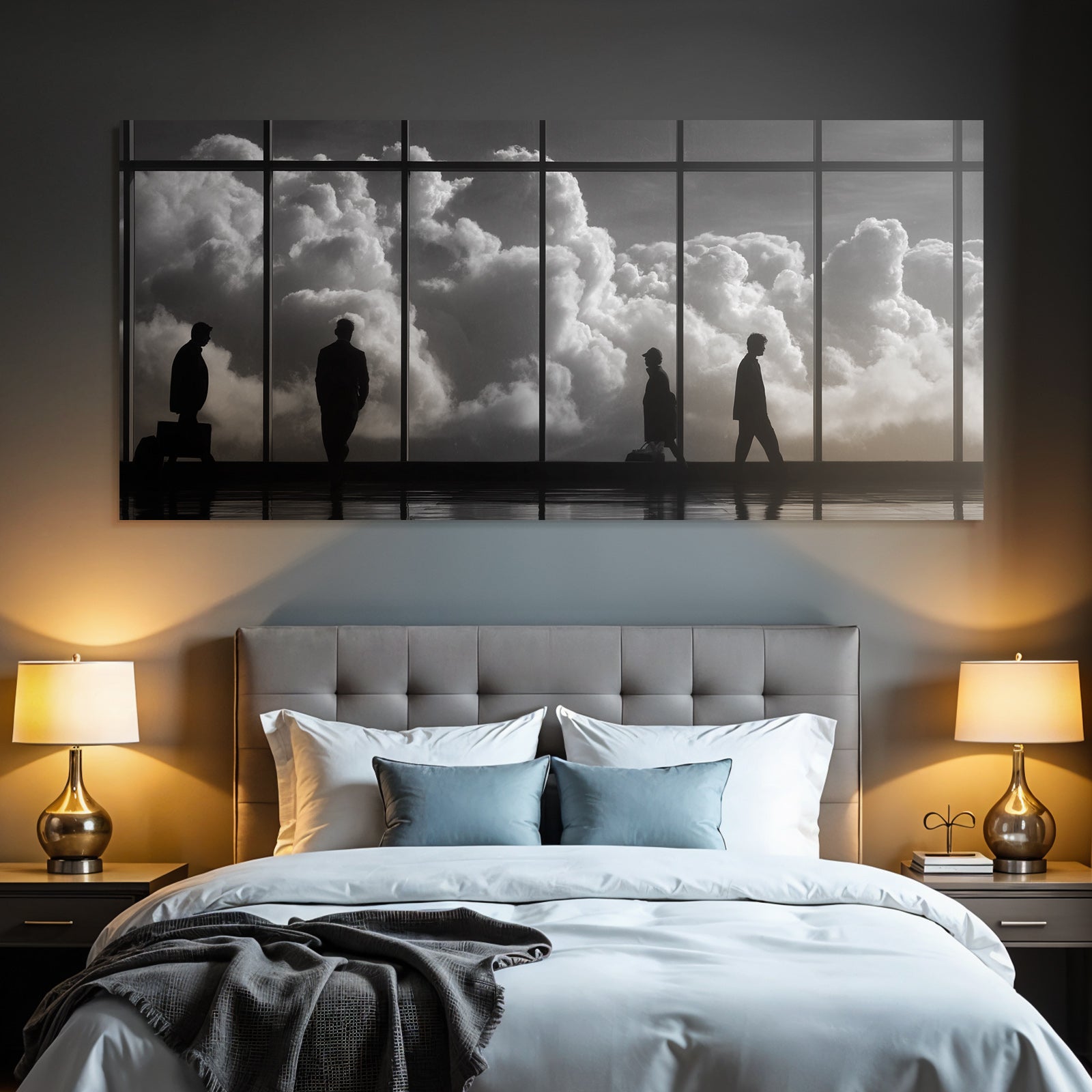 Schattenfiguren Vor Fenster Mit Wolken Hintergrund Reise Transformation