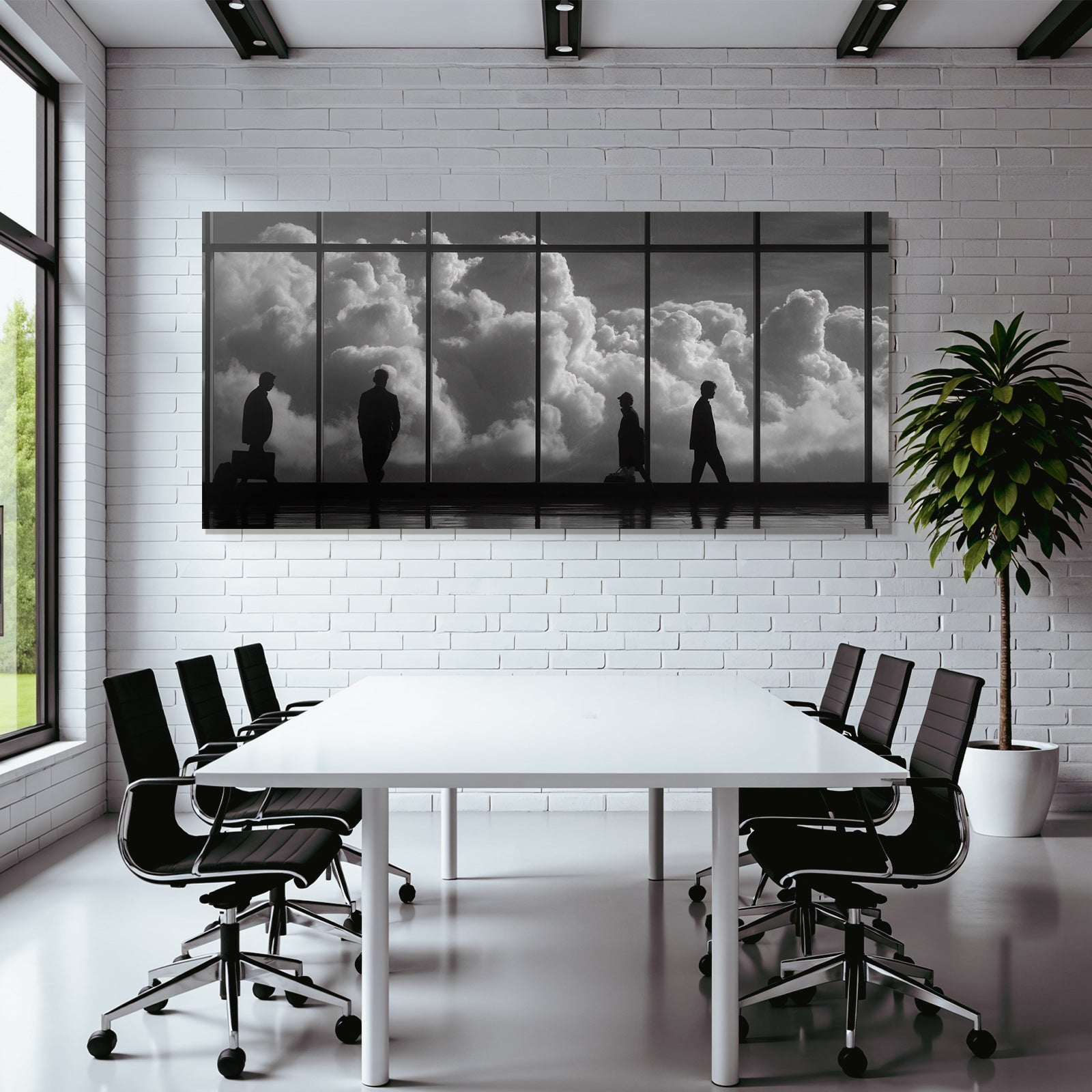 Schattenfiguren Vor Fenster Mit Wolken Hintergrund Reise Transformation
