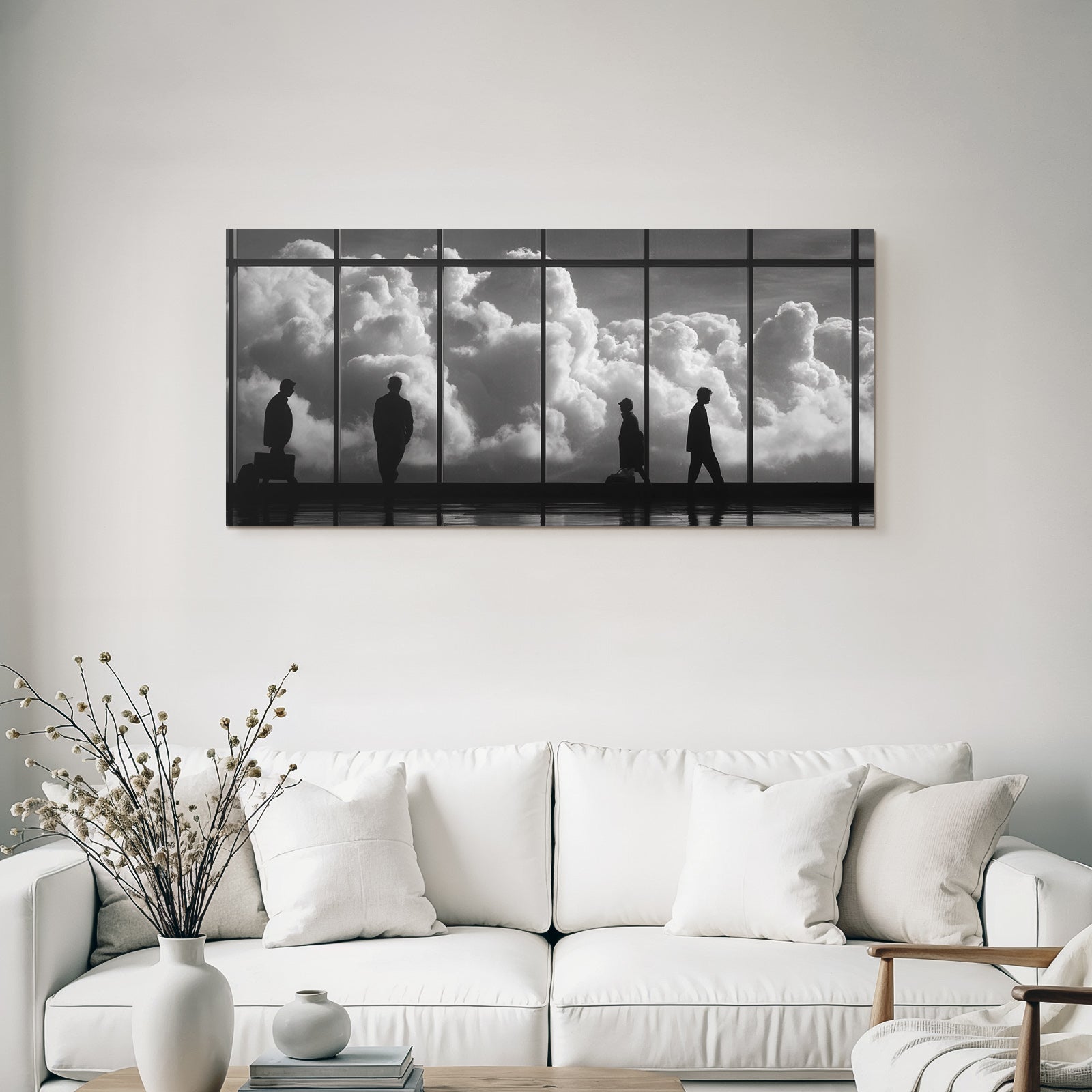 Schattenfiguren Vor Fenster Mit Wolken Hintergrund Reise Transformation