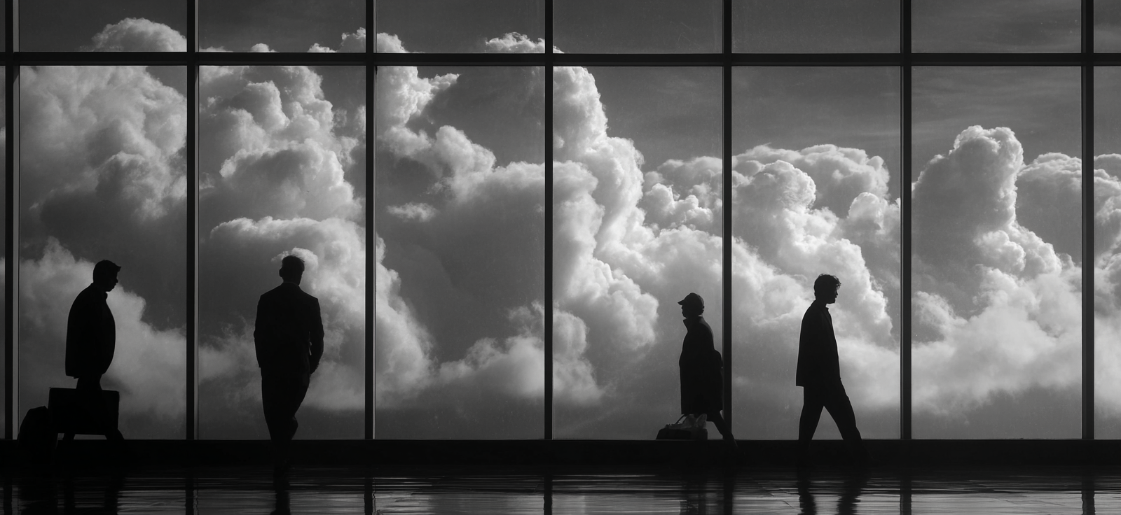 Schattenfiguren Vor Fenster Mit Wolken Hintergrund Reise Transformation | Schwarz Weiss | Farbenwelten