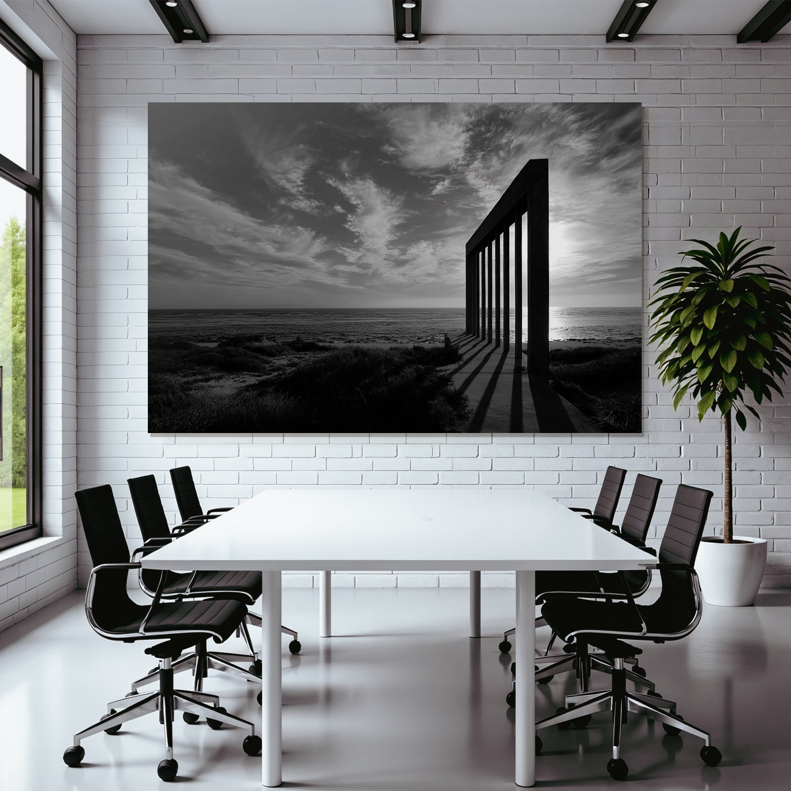 Schwarze Und Weisse Fotografie Von Säule Mit Himmel Und Meer Hintergrund