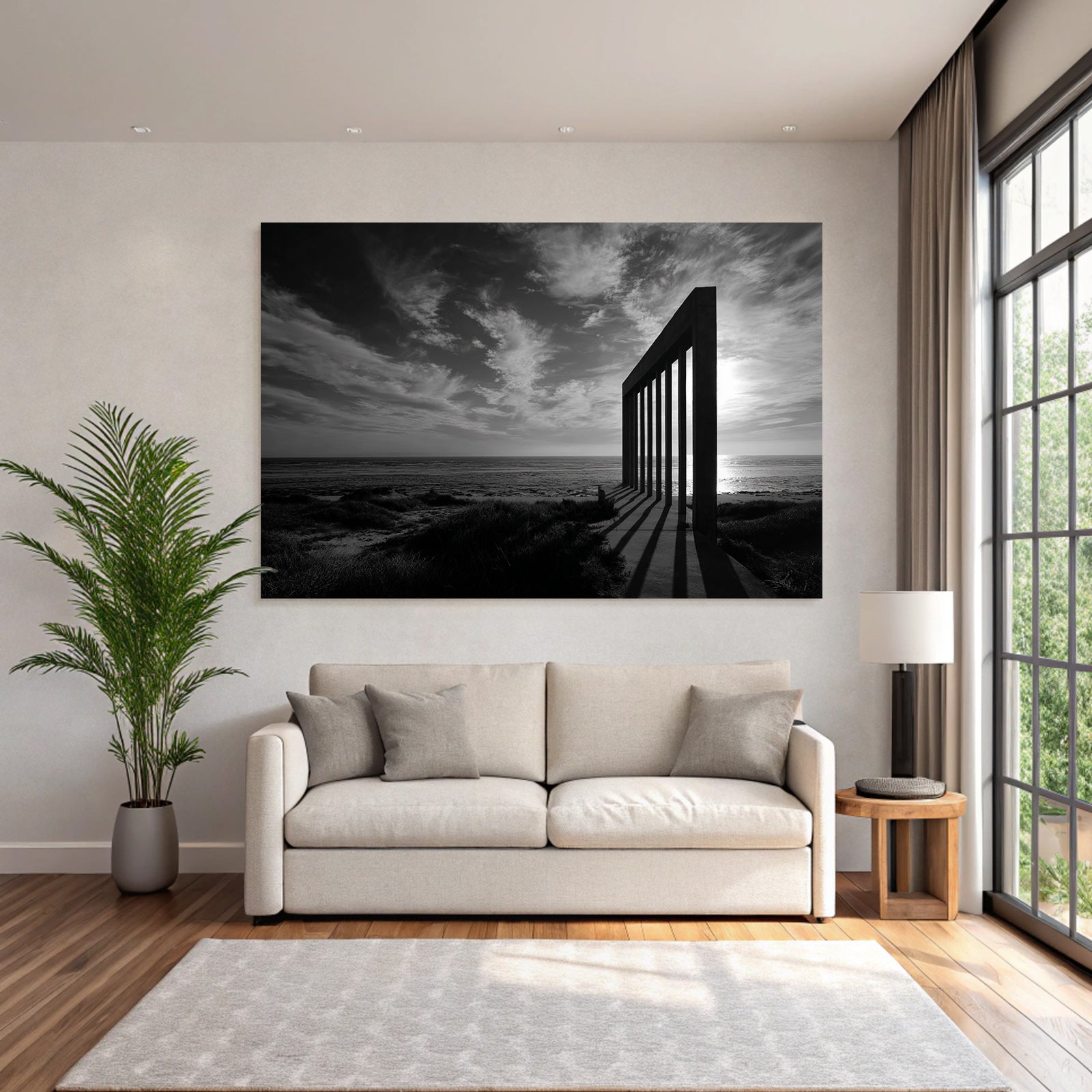 Schwarze Und Weisse Fotografie Von Säule Mit Himmel Und Meer Hintergrund
