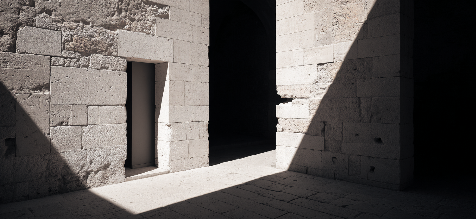 Steinerne Wand Tür Licht Schatten Architektur Innenraum | Schwarz Weiss | Farbenwelten