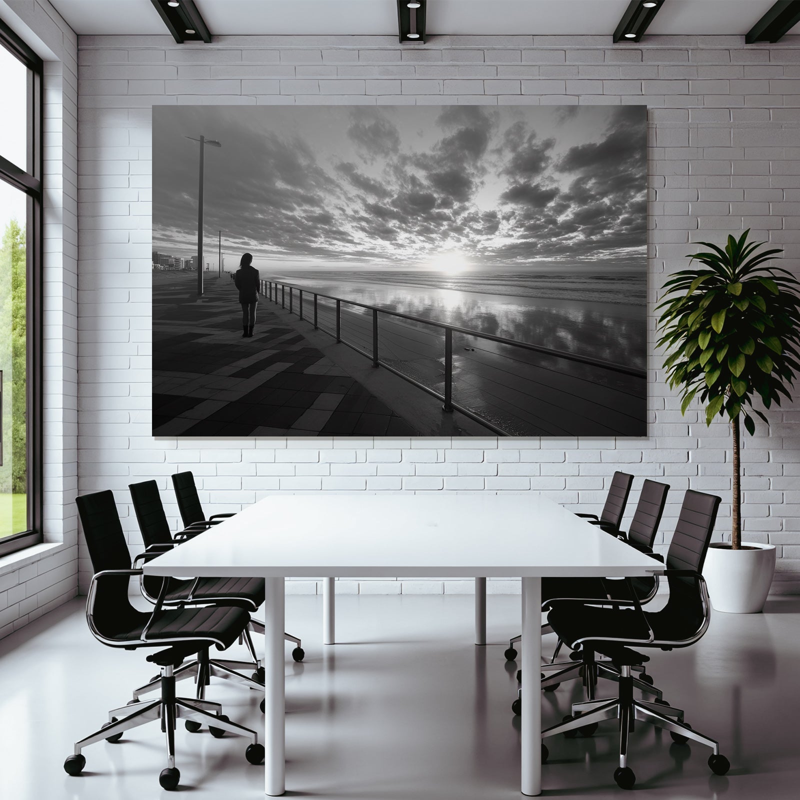 Strandpromenade Person Im Sonnenuntergang Schwarz Und Weiss