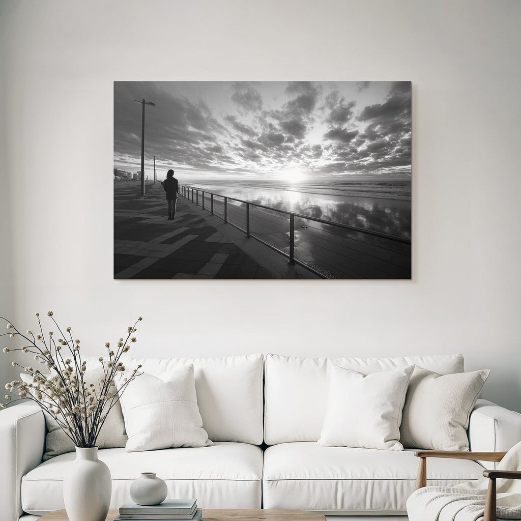 Strandpromenade Person Im Sonnenuntergang Schwarz Und Weiss