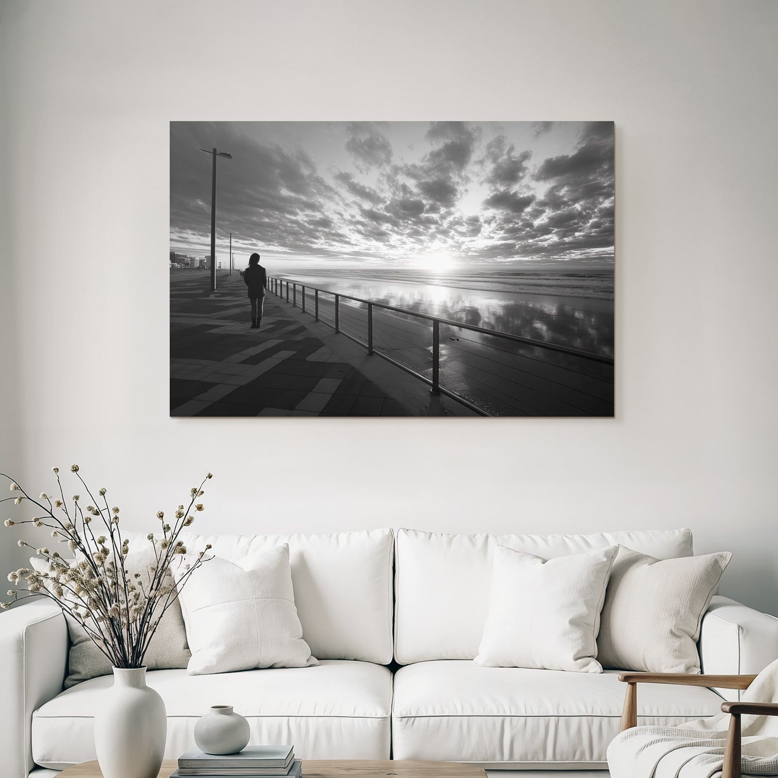 Strandpromenade Person Im Sonnenuntergang Schwarz Und Weiss