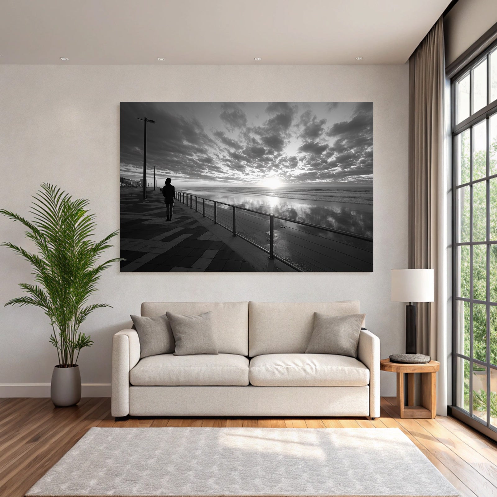 Strandpromenade Person Im Sonnenuntergang Schwarz Und Weiss
