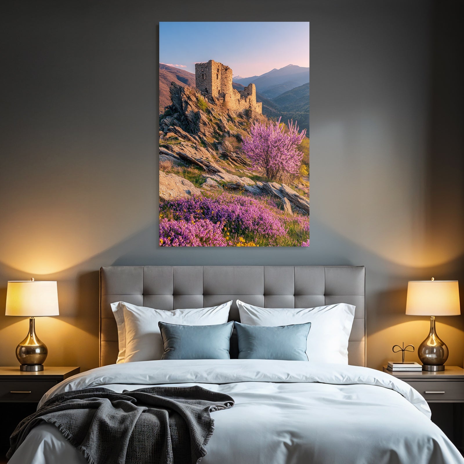 Antike Stein Ruine Umgeben Von Lila Blumen Und Blühendem Baum Im Hintergrund Berge