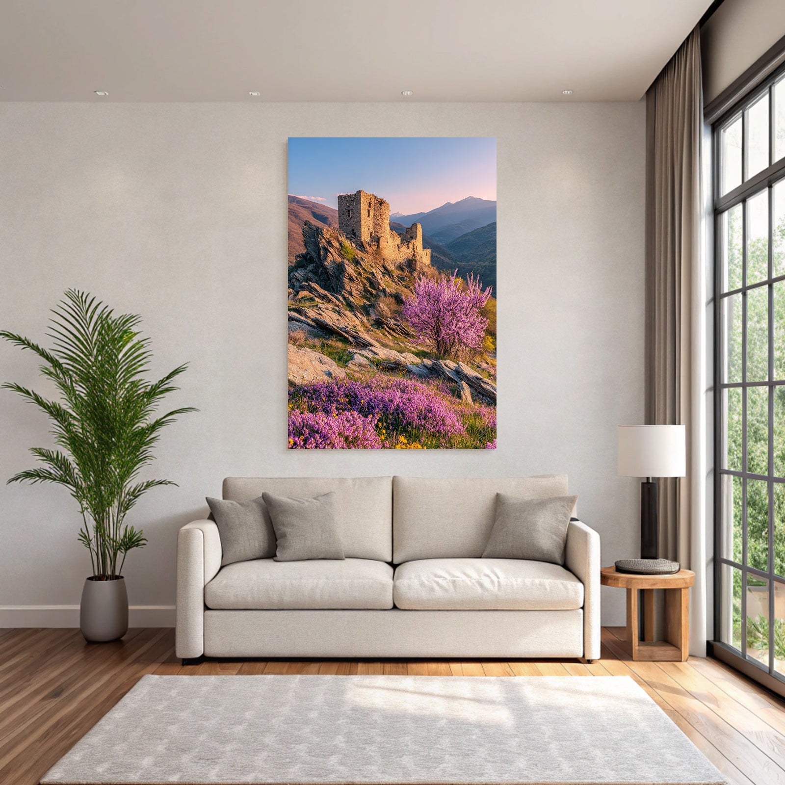 Antike Stein Ruine Umgeben Von Lila Blumen Und Blühendem Baum Im Hintergrund Berge
