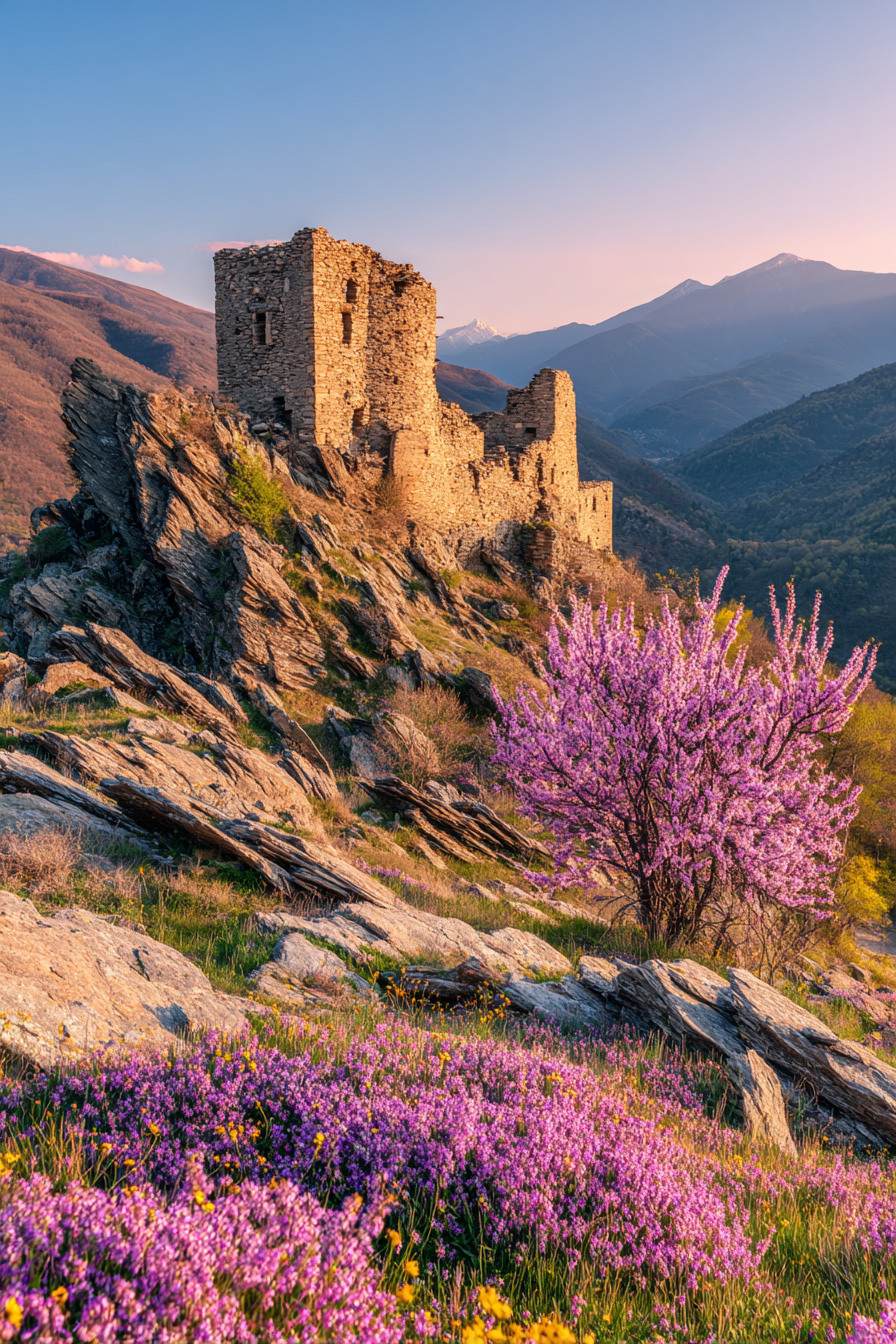 Antike Stein Ruine Umgeben Von Lila Blumen Und Blühendem Baum Im Hintergrund Berge | Fruehling | Jahreszeiten