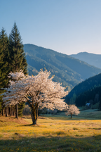 Blühende Kirschbäume Und Blumenfeld Im Goldenen Stundenlicht | Fruehling | Jahreszeiten