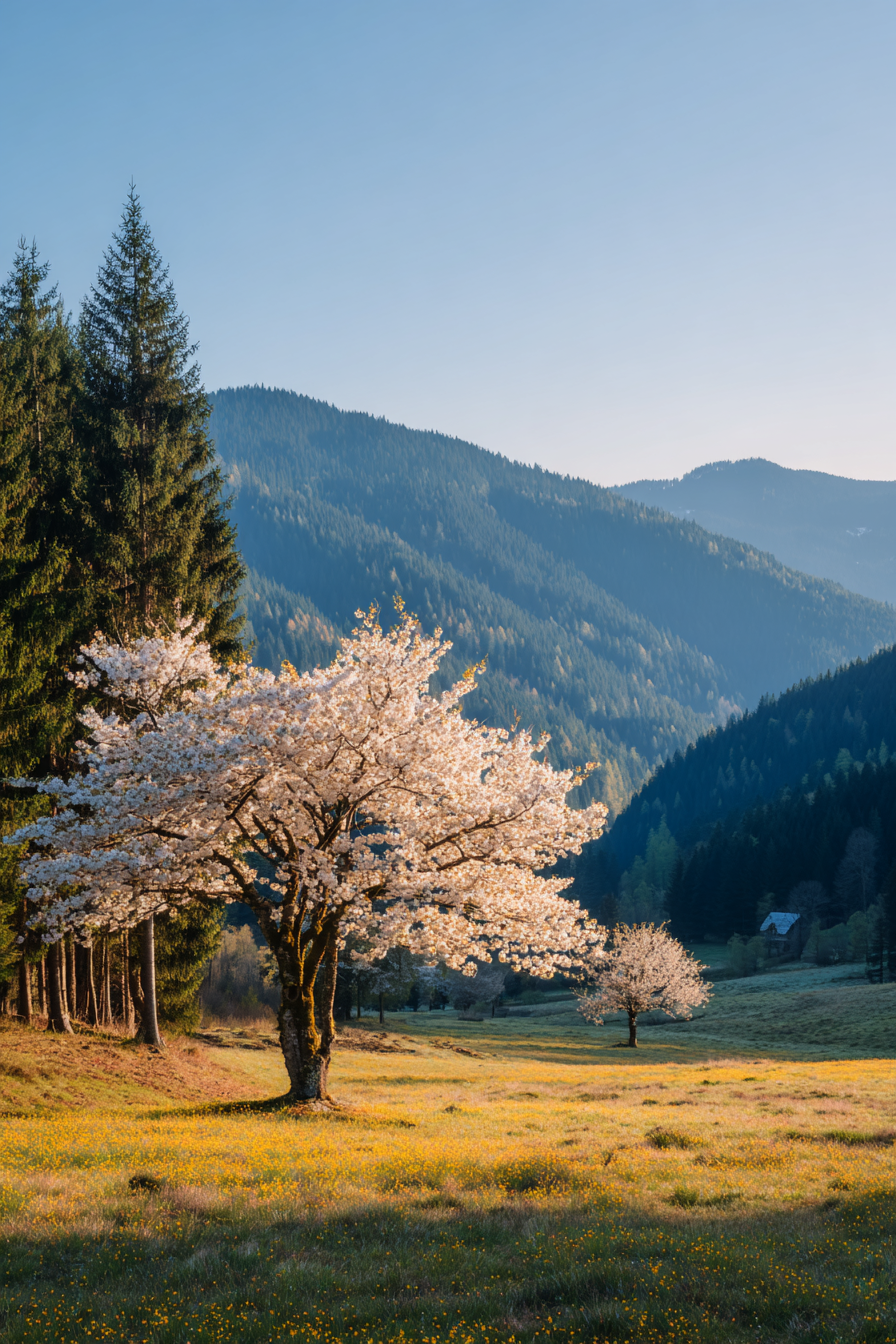 Blühende Kirschbäume Und Blumenfeld Im Goldenen Stundenlicht | Fruehling | Jahreszeiten