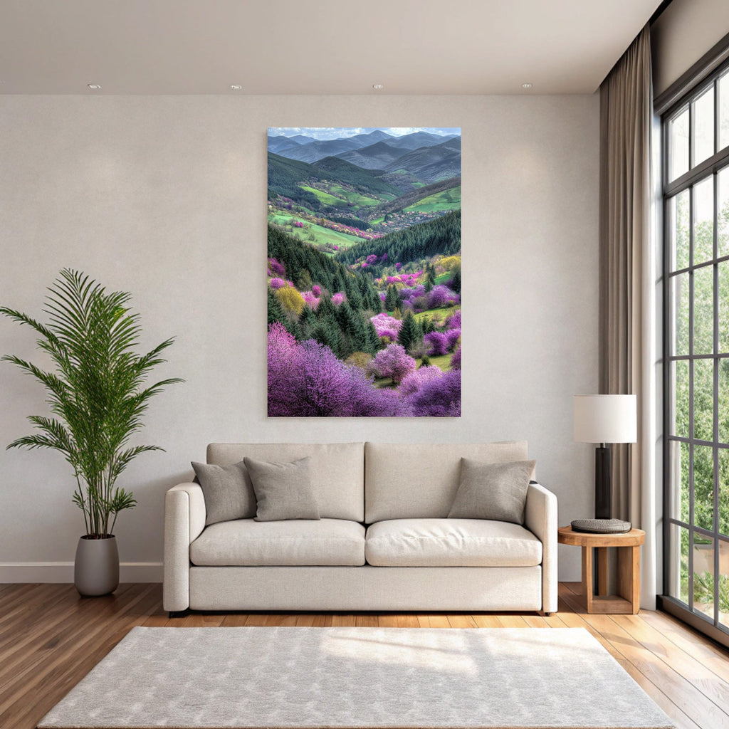 Blühende Landschaft Mit Hügeln Und Bäumen Im Frühling