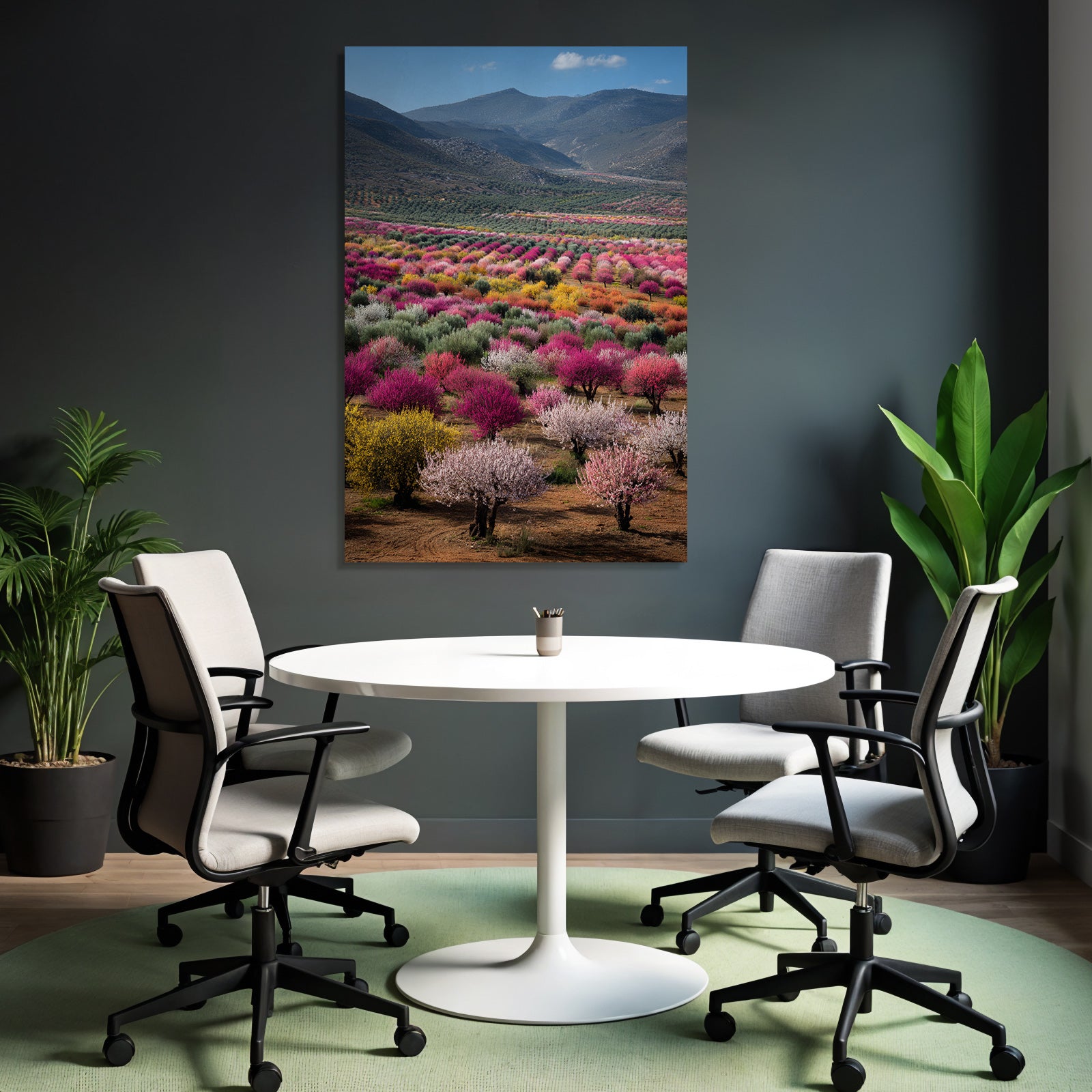 Blühende Landschaft Mit Obstbäumen Und Farbenfrohen Blumen