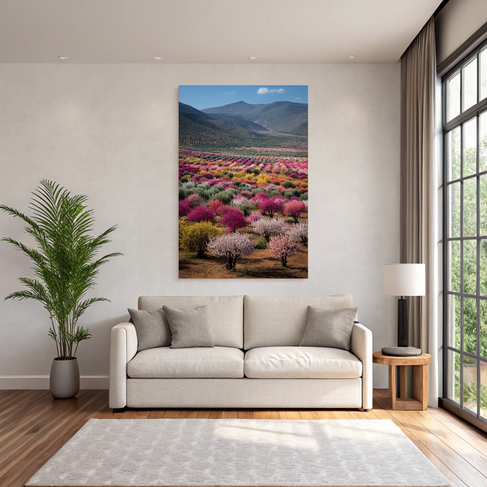 Blühende Landschaft Mit Obstbäumen Und Farbenfrohen Blumen
