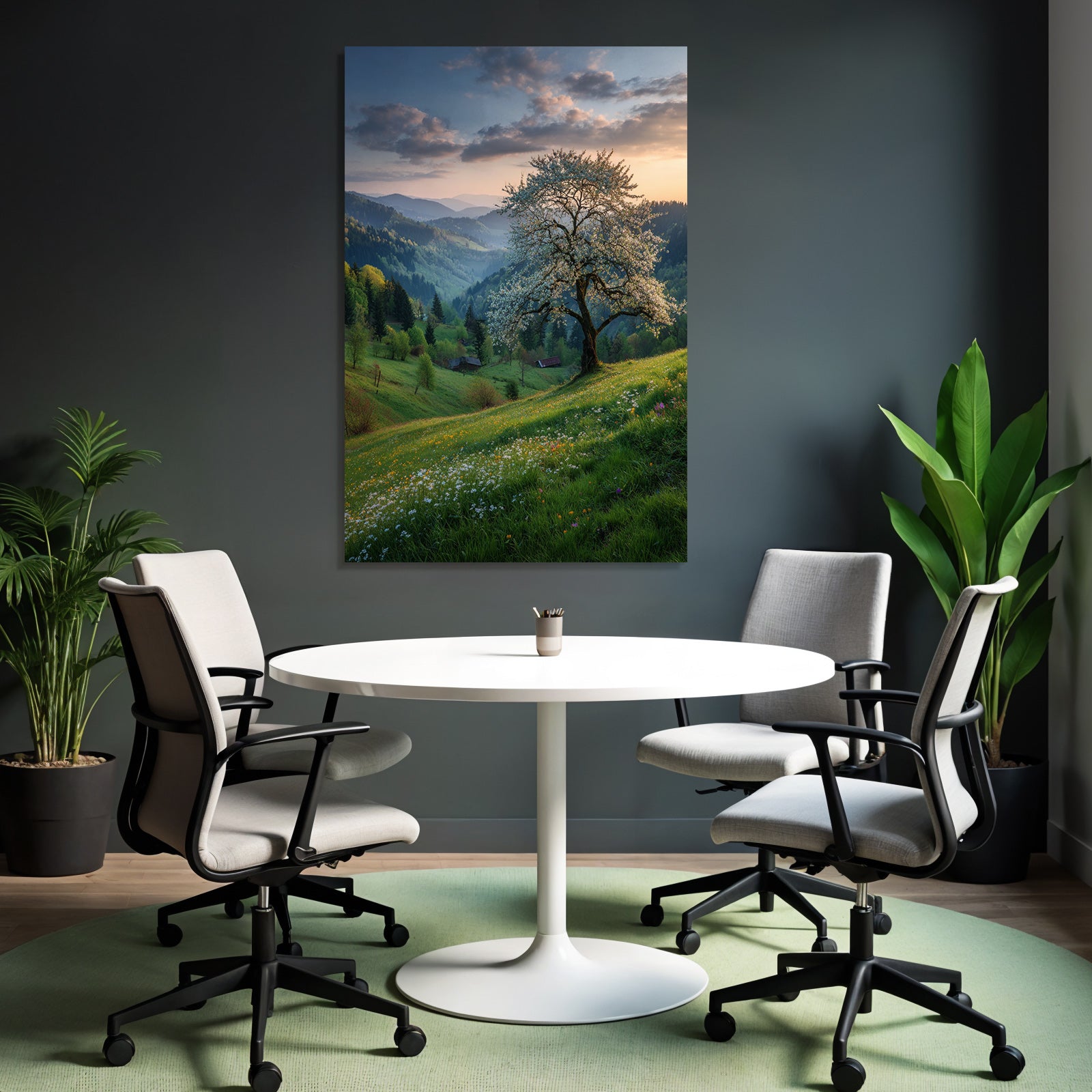 Blühender Baum Am Hang Mit Blumen Und Bergen Im Hintergrund