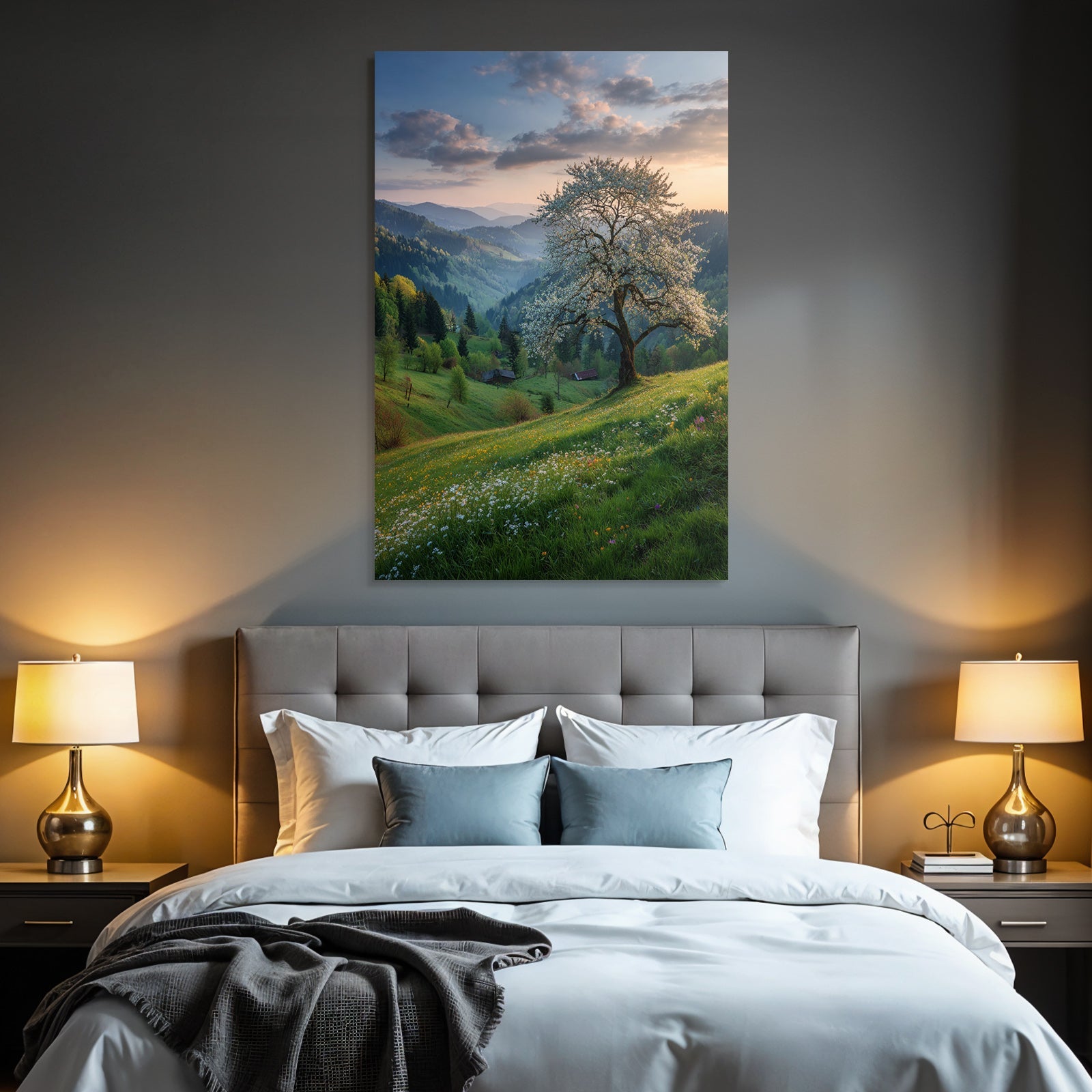 Blühender Baum Am Hang Mit Blumen Und Bergen Im Hintergrund