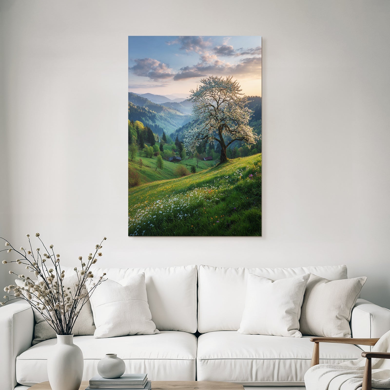 Blühender Baum Am Hang Mit Blumen Und Bergen Im Hintergrund