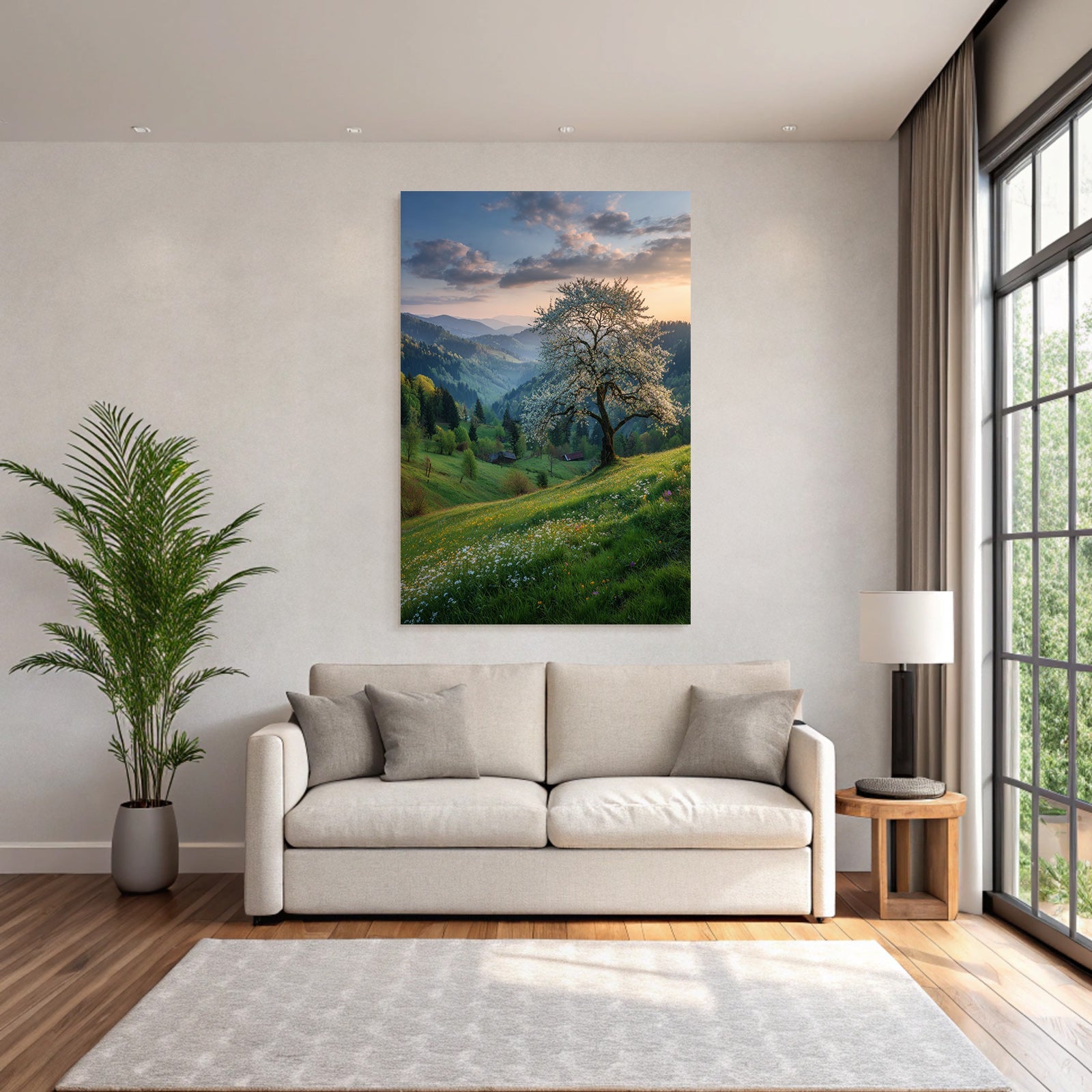 Blühender Baum Am Hang Mit Blumen Und Bergen Im Hintergrund