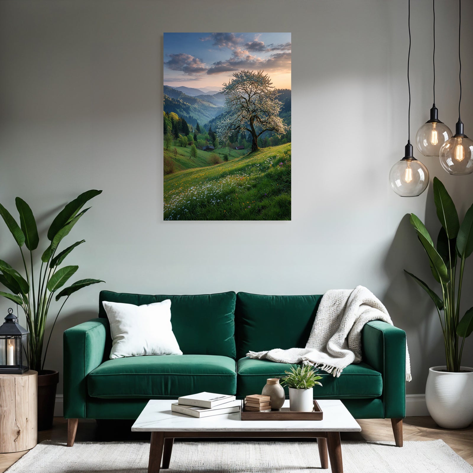 Blühender Baum Am Hang Mit Blumen Und Bergen Im Hintergrund