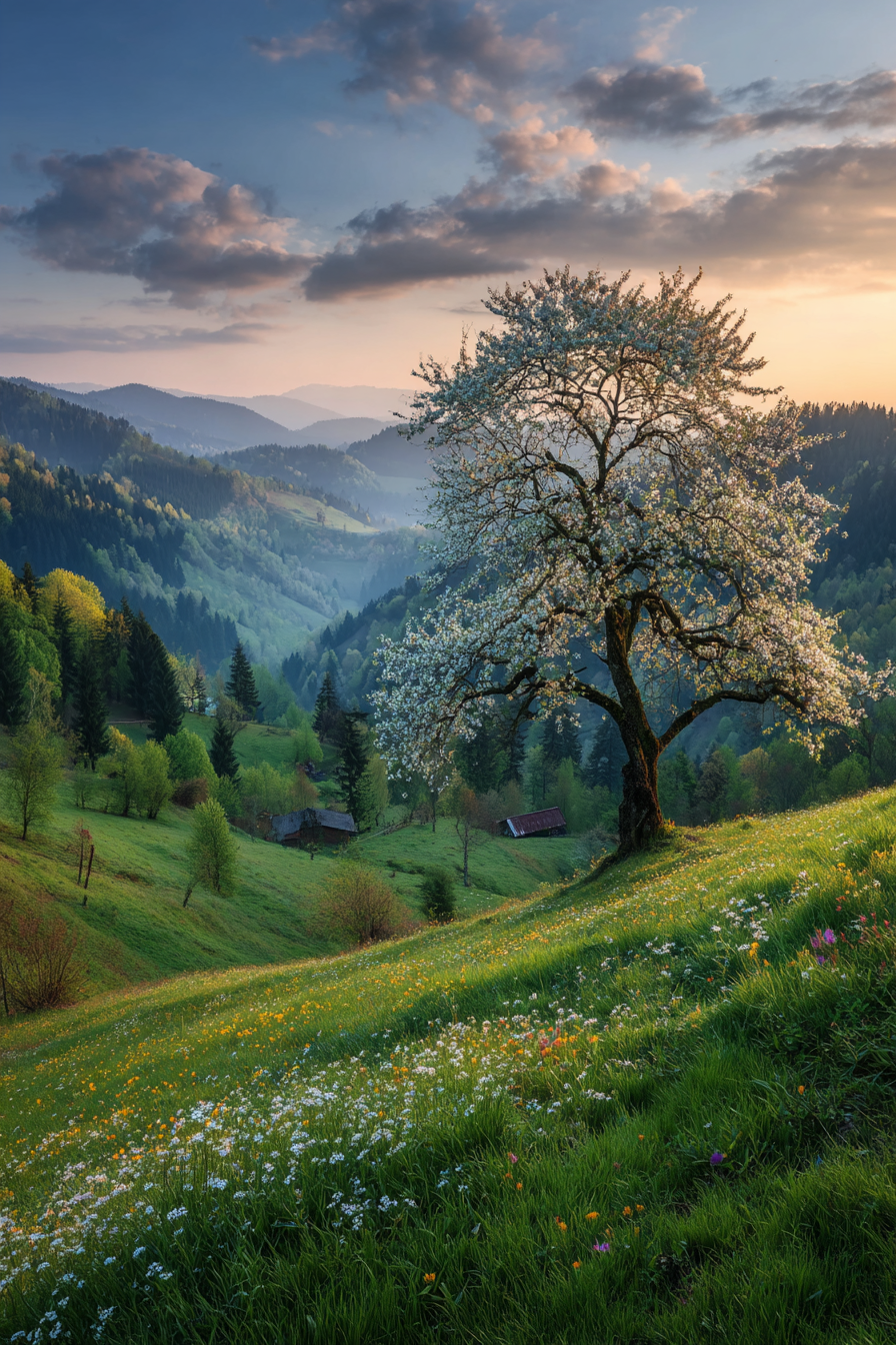Blühender Baum Am Hang Mit Blumen Und Bergen Im Hintergrund | Fruehling | Jahreszeiten