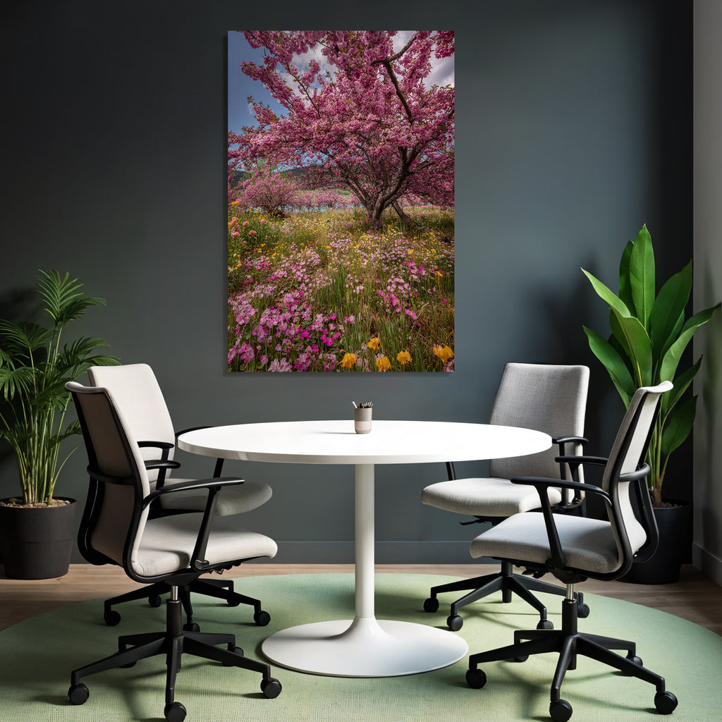 Blühender Kirschbaum Mit Bunten Blumen Im Landschaftsbild