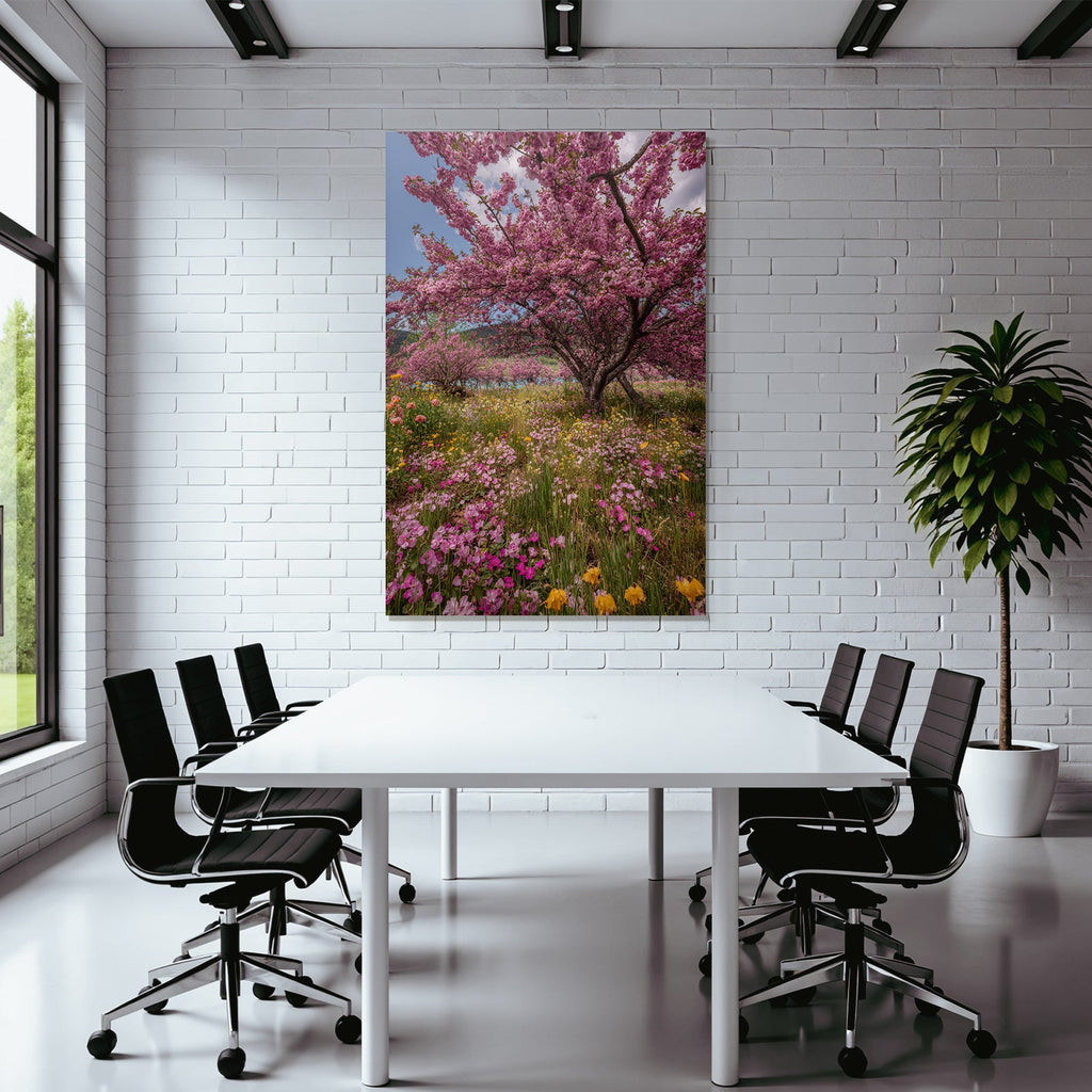 Blühender Kirschbaum Mit Bunten Blumen Im Landschaftsbild