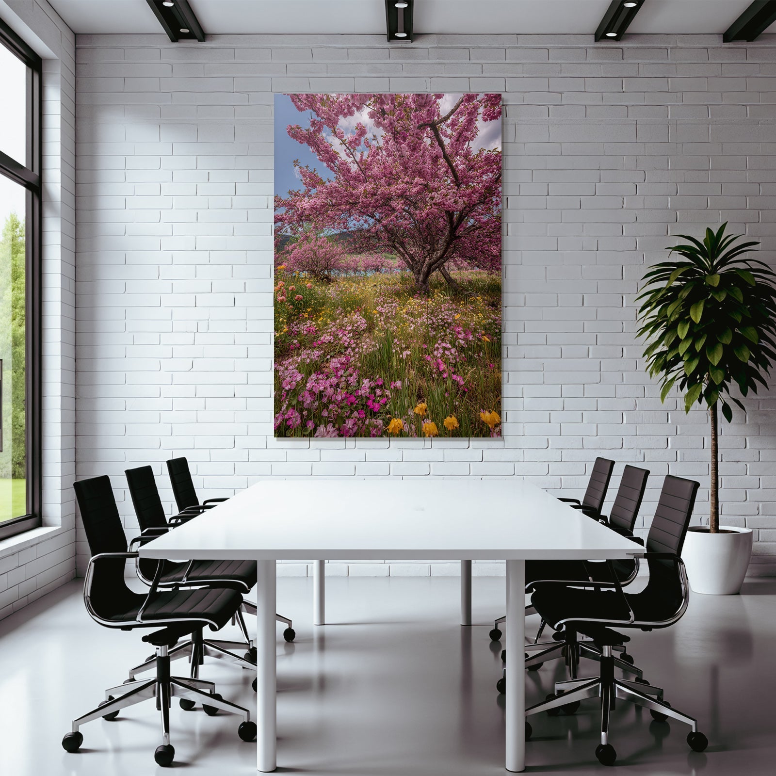 Blühender Kirschbaum Mit Bunten Blumen Im Landschaftsbild