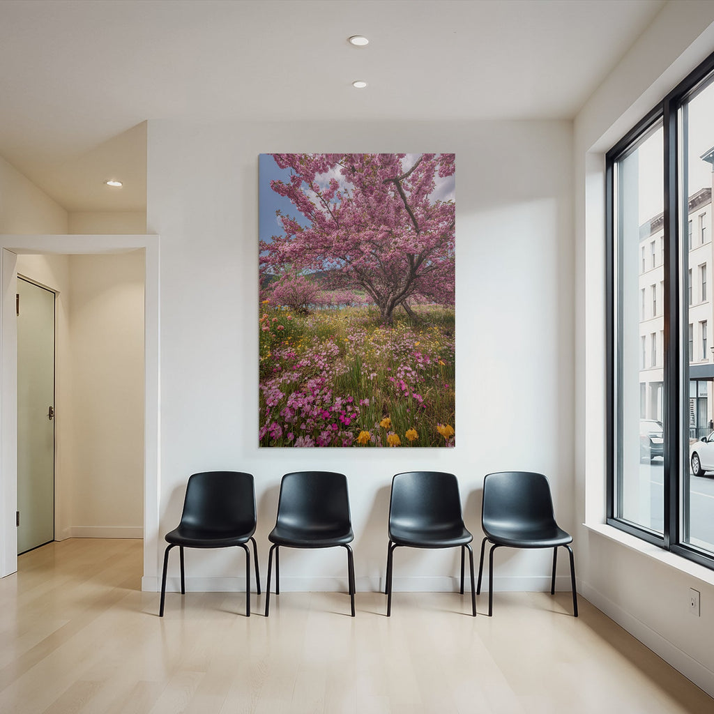 Blühender Kirschbaum Mit Bunten Blumen Im Landschaftsbild