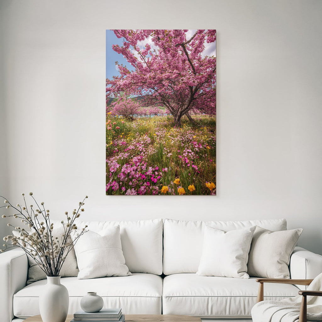 Blühender Kirschbaum Mit Bunten Blumen Im Landschaftsbild