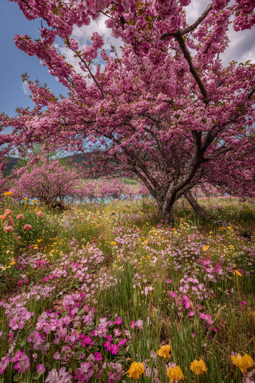 Blühender Kirschbaum Mit Bunten Blumen Im Landschaftsbild | Fruehling | Jahreszeiten