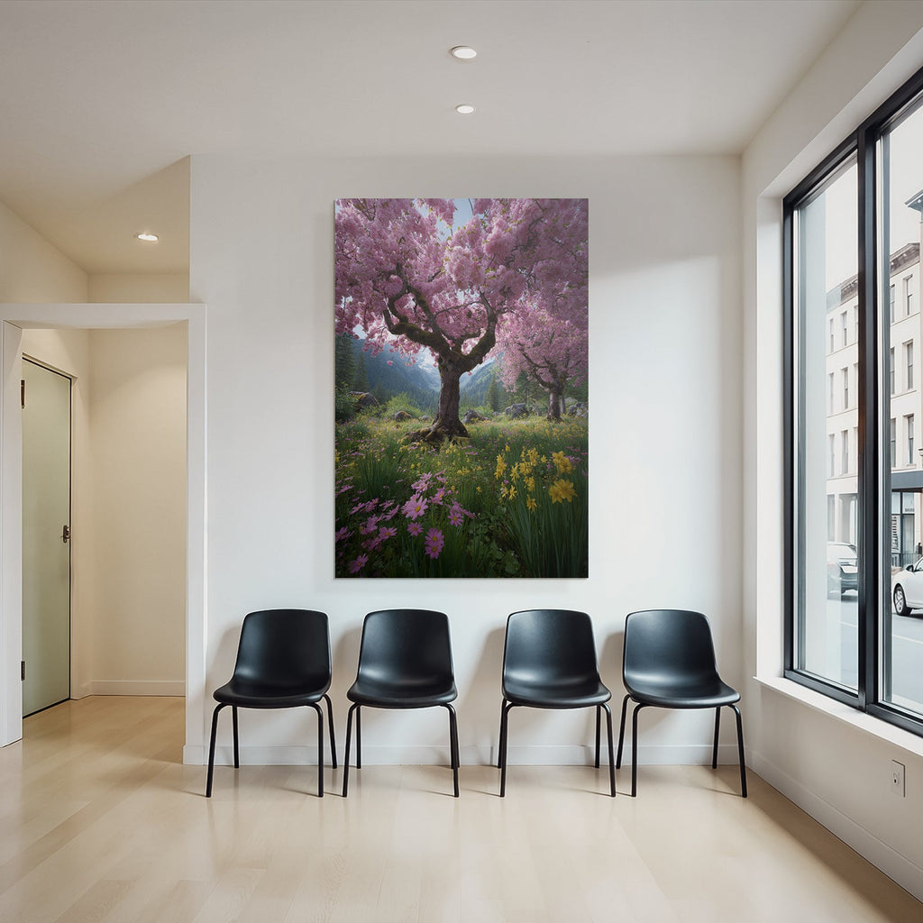 Bluhende Kirschbäume Und Farbenfrohe Blumen Im Mit Bergen Im Hintergrund