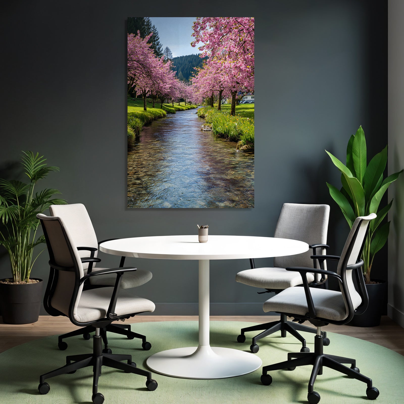 Friedliche Landschaft Clear Stream Blühende Bäume Blaür Himmel Spring