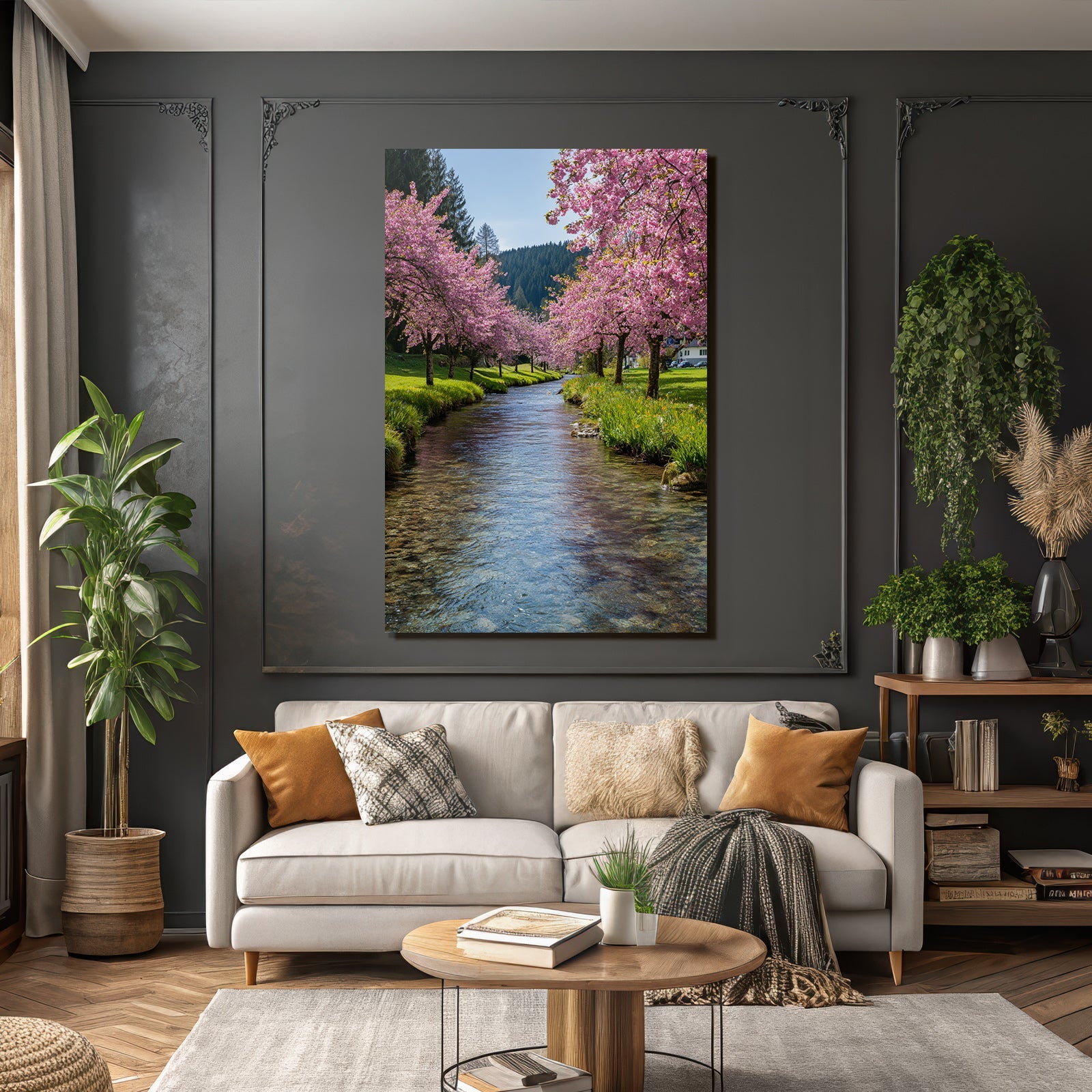 Friedliche Landschaft Clear Stream Blühende Bäume Blaür Himmel Spring