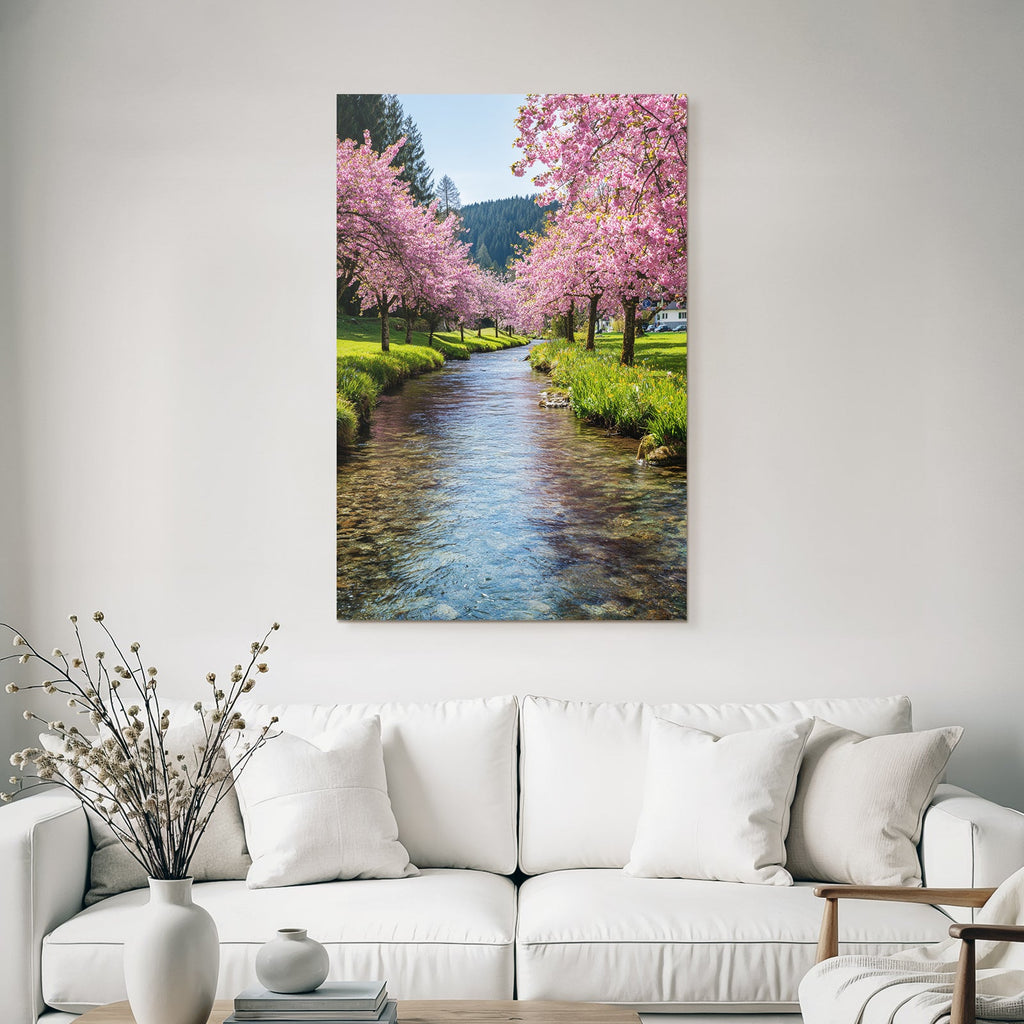 Friedliche Landschaft Clear Stream Blühende Bäume Blaür Himmel Spring