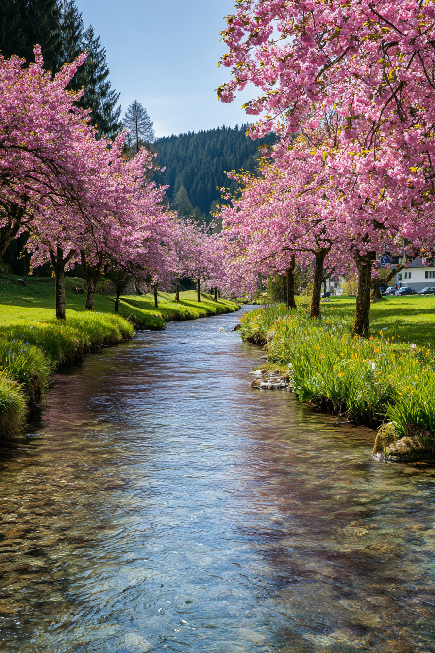 Friedliche Landschaft Clear Stream Blühende Bäume Blaür Himmel Spring | Fruehling | Jahreszeiten