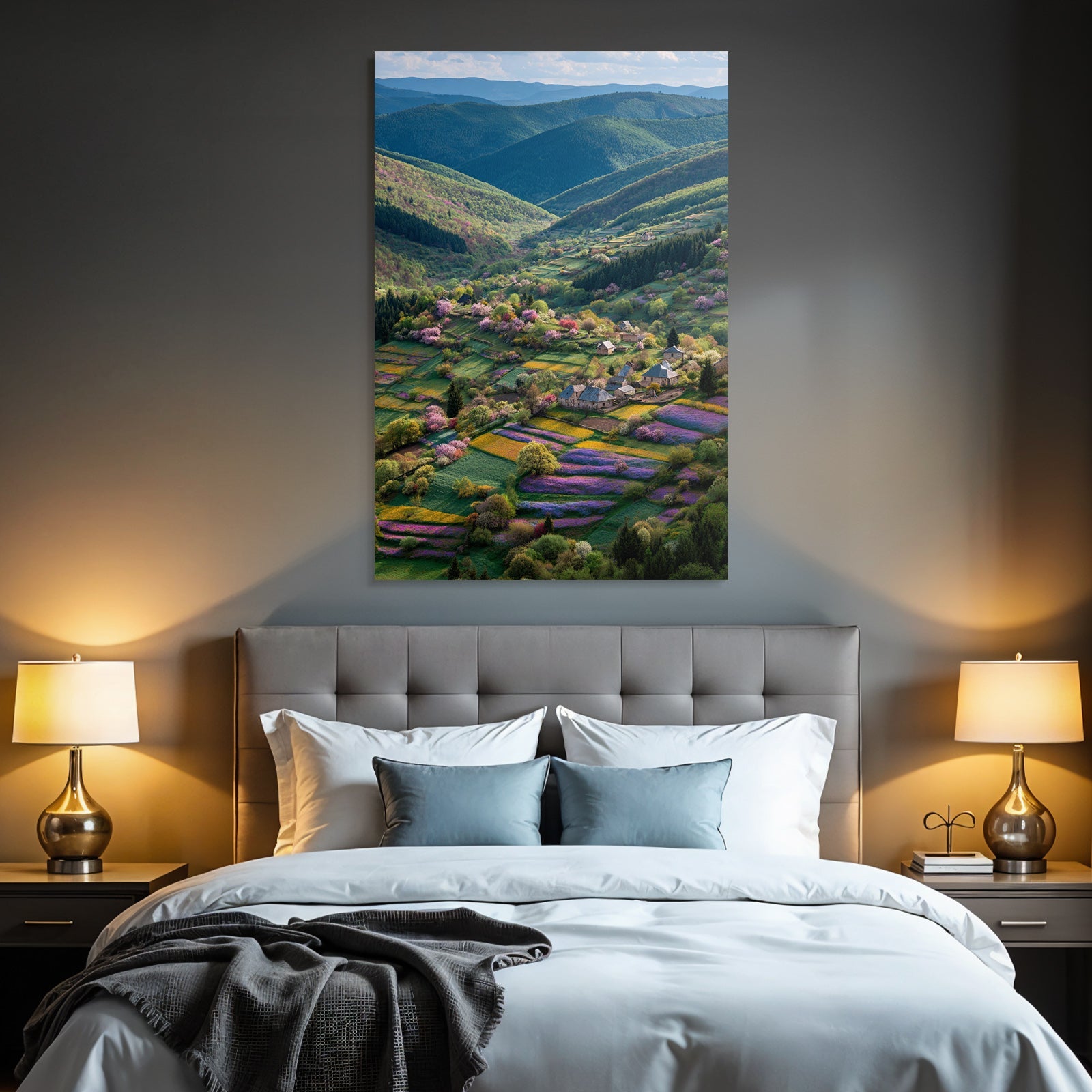Malerische Landschaft Florale Felder Hügel Und Häuser