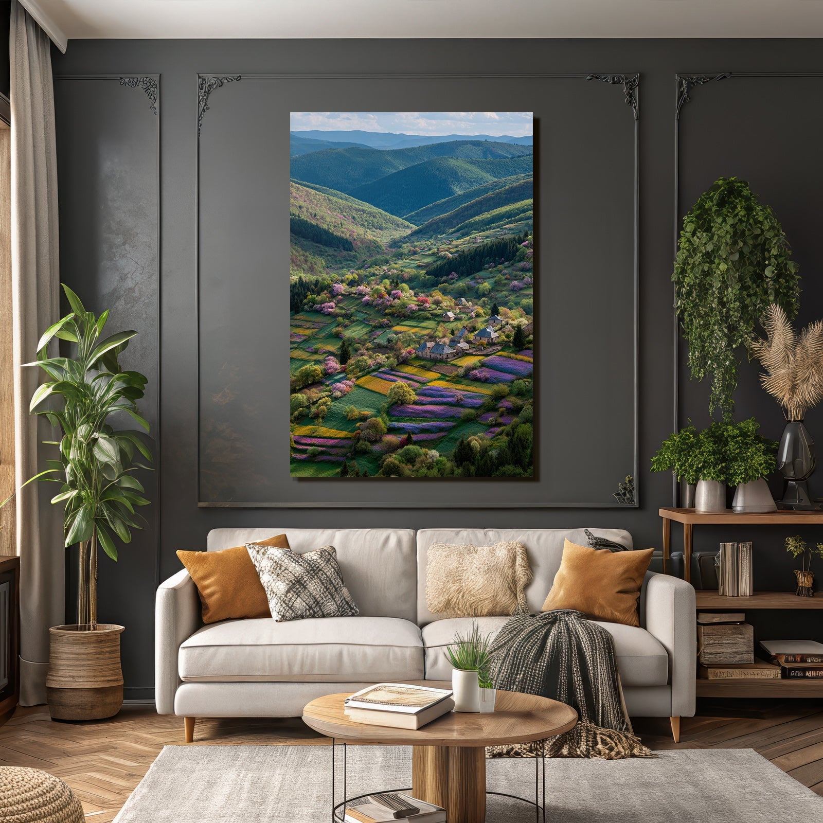Malerische Landschaft Florale Felder Hügel Und Häuser